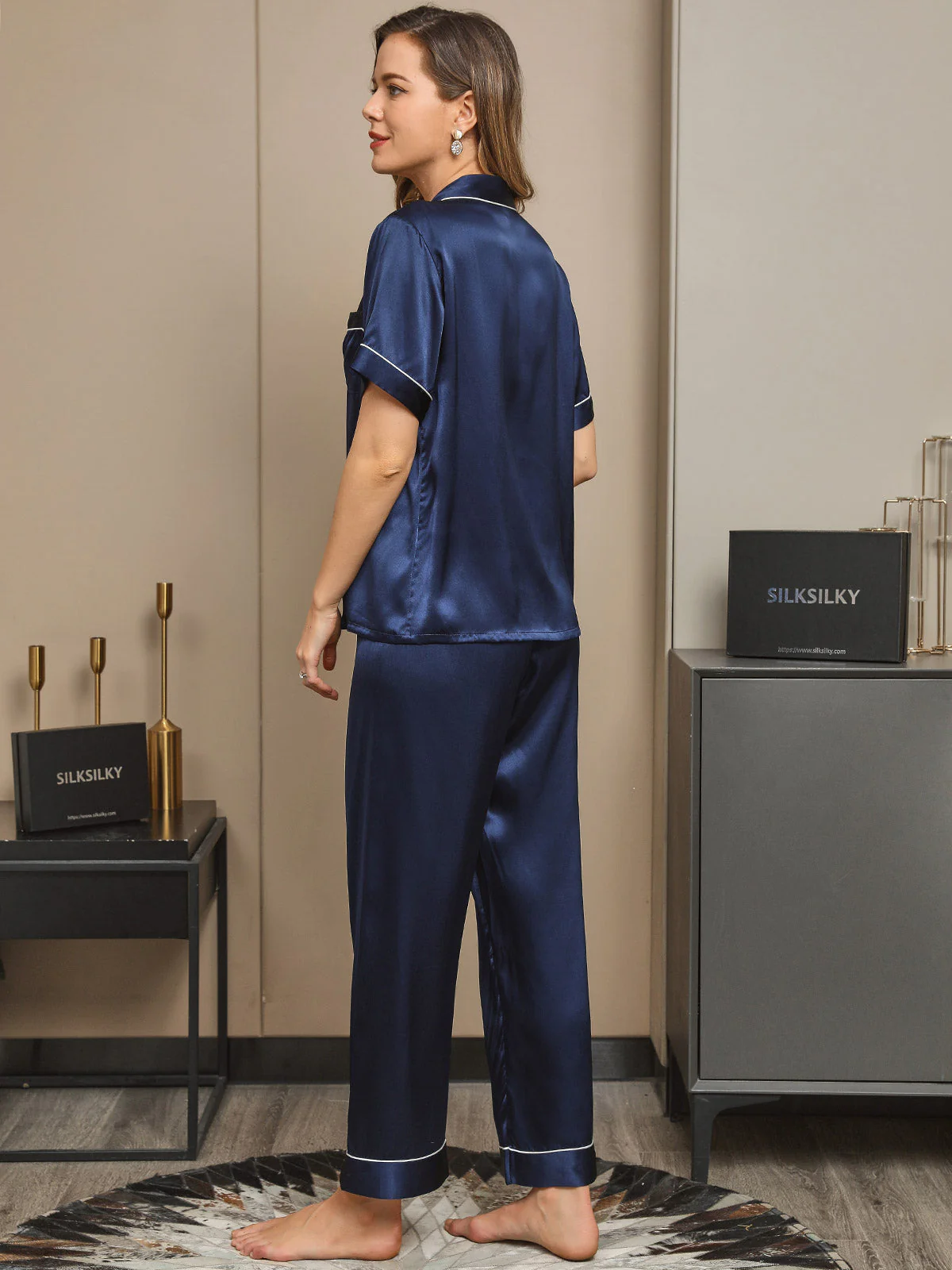 Women's Pure Silk Short Sleeve Button Up Pajamas Set - Image 6