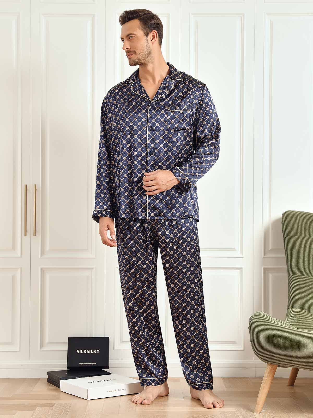 Pure Silk Navy Chain Print Long Sleeve Men's Pajamas Set With Pants - Image 12