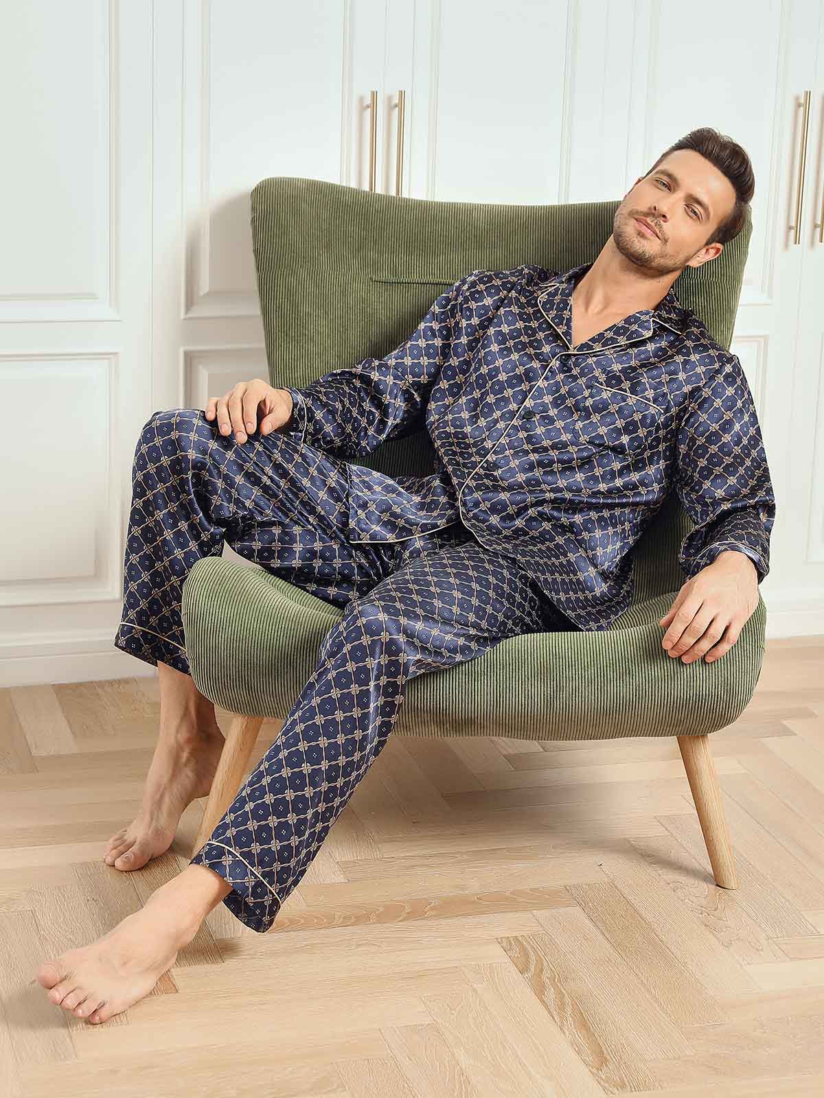 Pure Silk Navy Chain Print Long Sleeve Men's Pajamas Set With Pants - Image 13