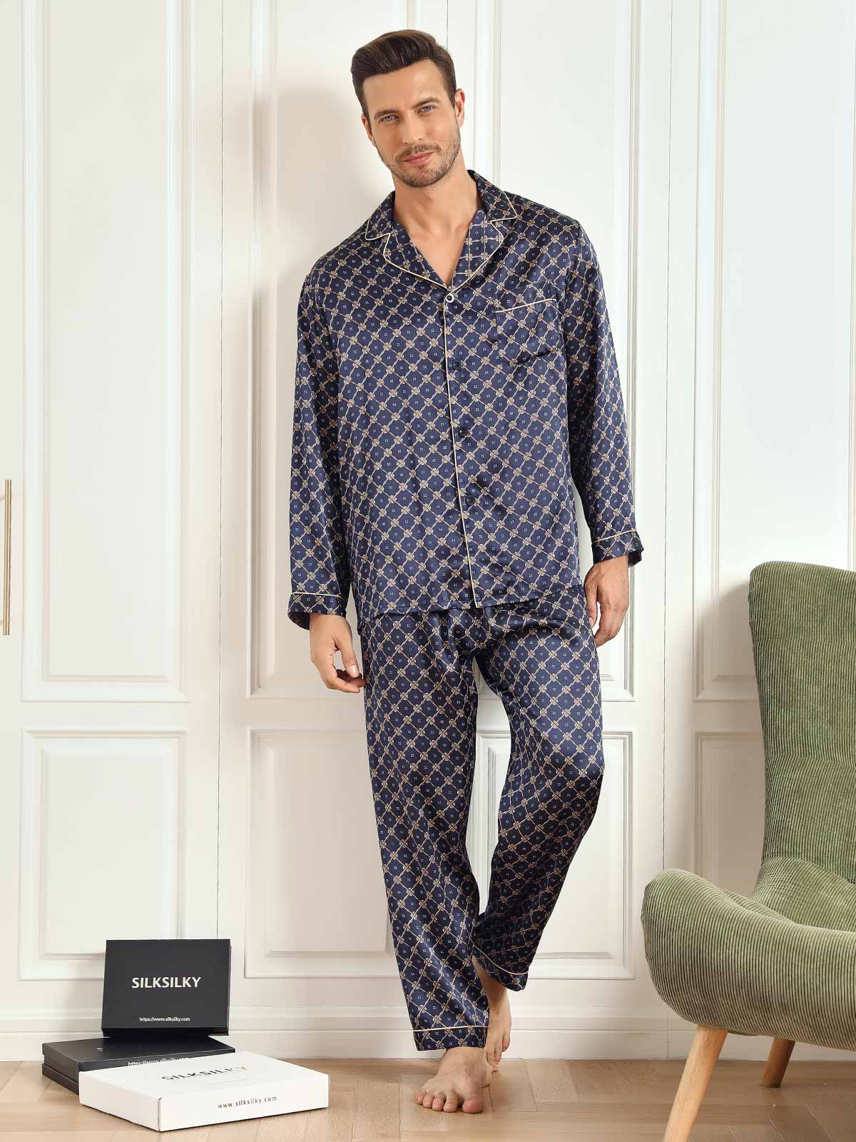 Pure Silk Navy Chain Print Long Sleeve Men's Pajamas Set With Pants - Image 2