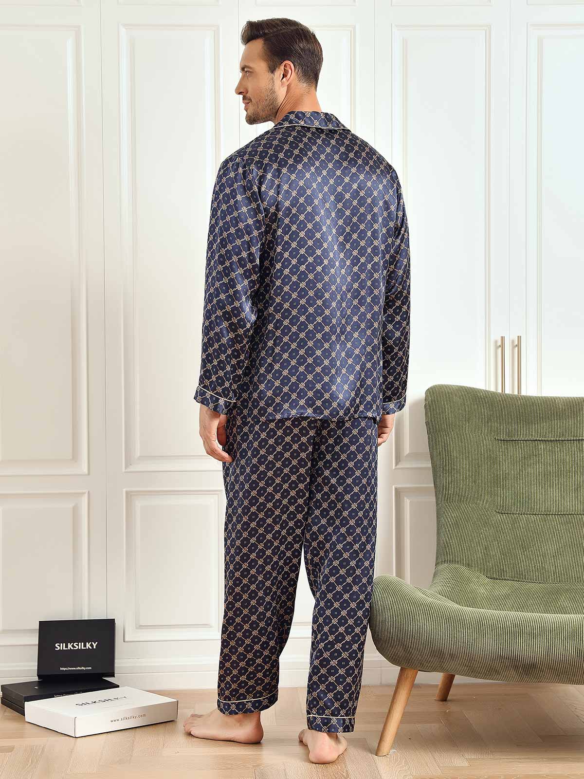 Pure Silk Navy Chain Print Long Sleeve Men's Pajamas Set With Pants - Image 3