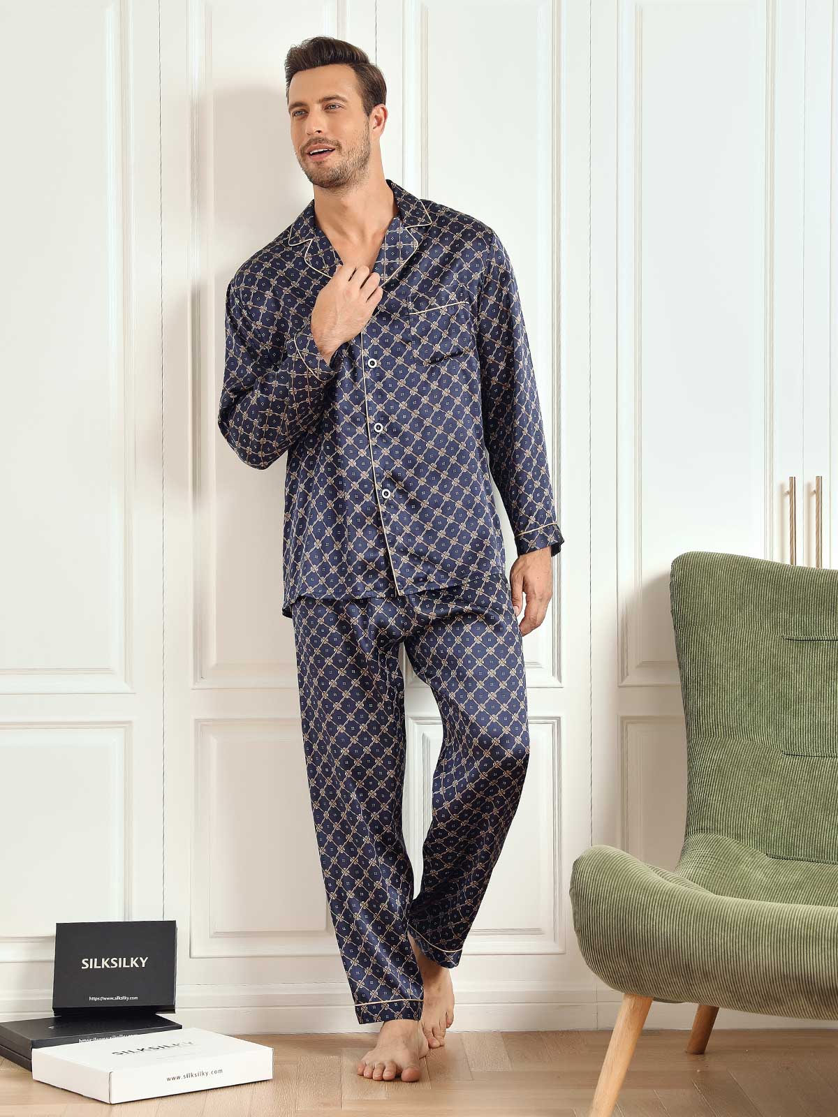 Pure Silk Navy Chain Print Long Sleeve Men's Pajamas Set With Pants - Image 5
