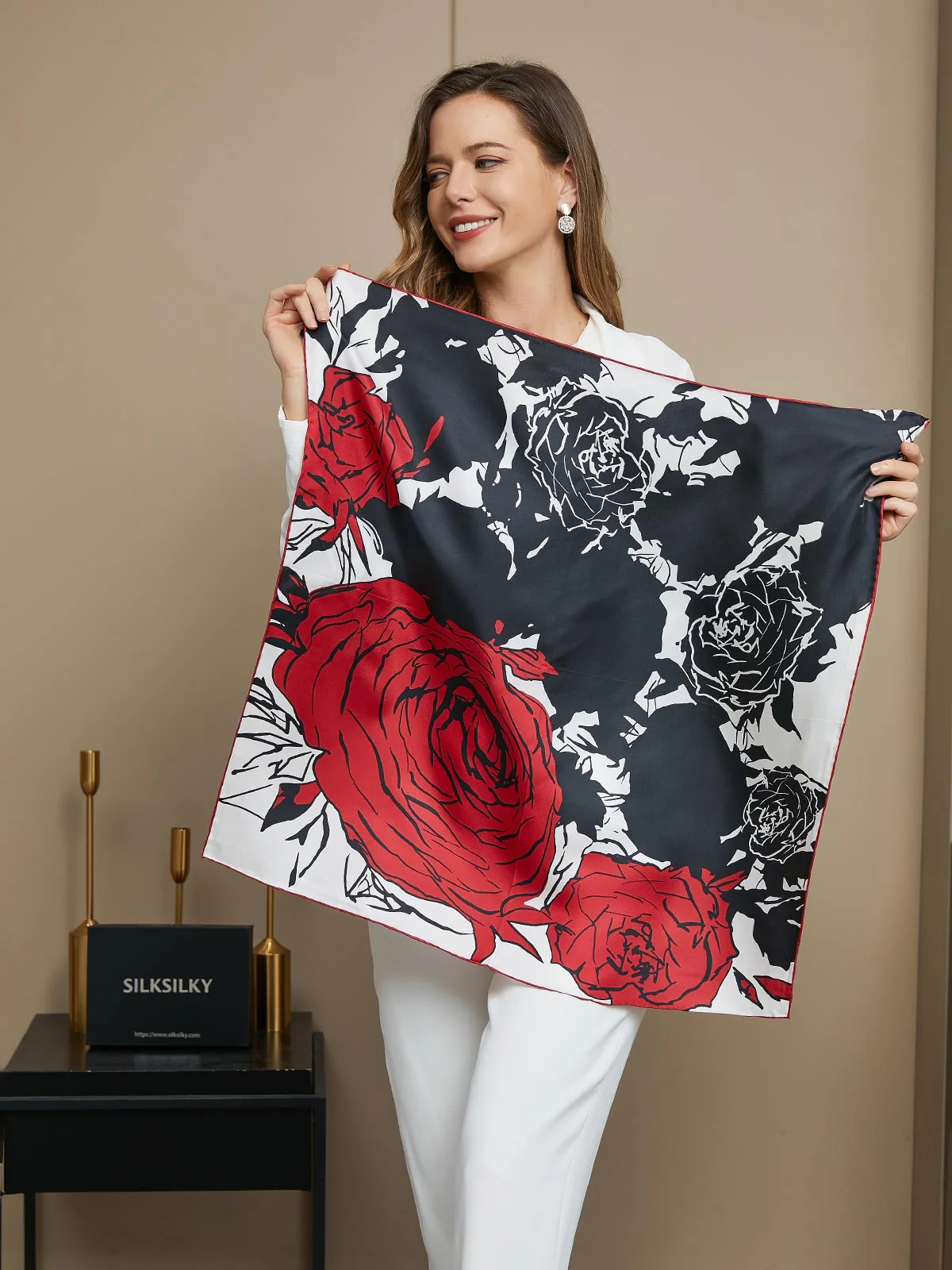 Clearance -Pure Silk Rose Floral Pattern Square Scarf 65x65cm - Image 2