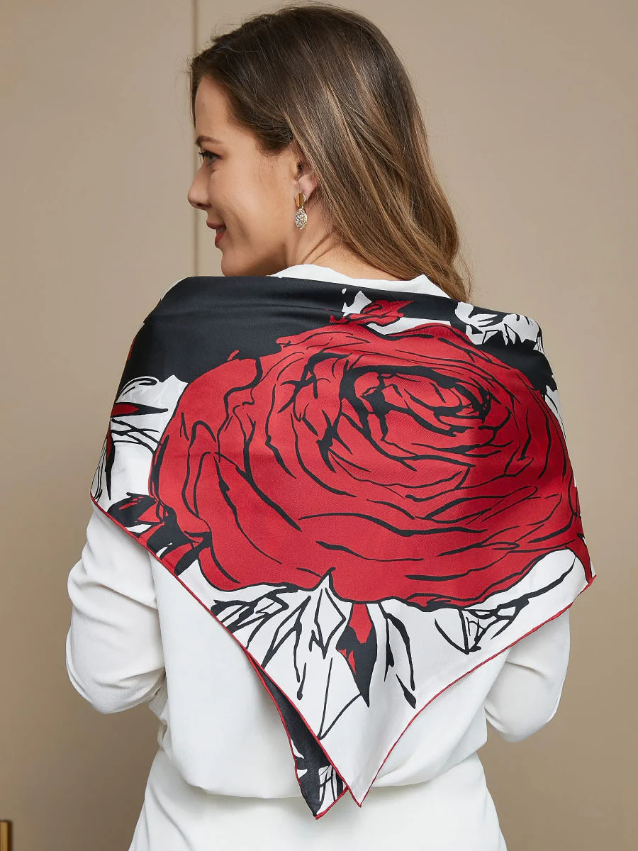 Clearance -Pure Silk Rose Floral Pattern Square Scarf 65x65cm - Image 3