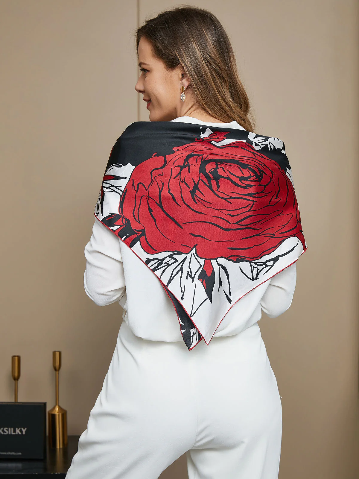 Clearance -Pure Silk Rose Floral Pattern Square Scarf 65x65cm - Image 5