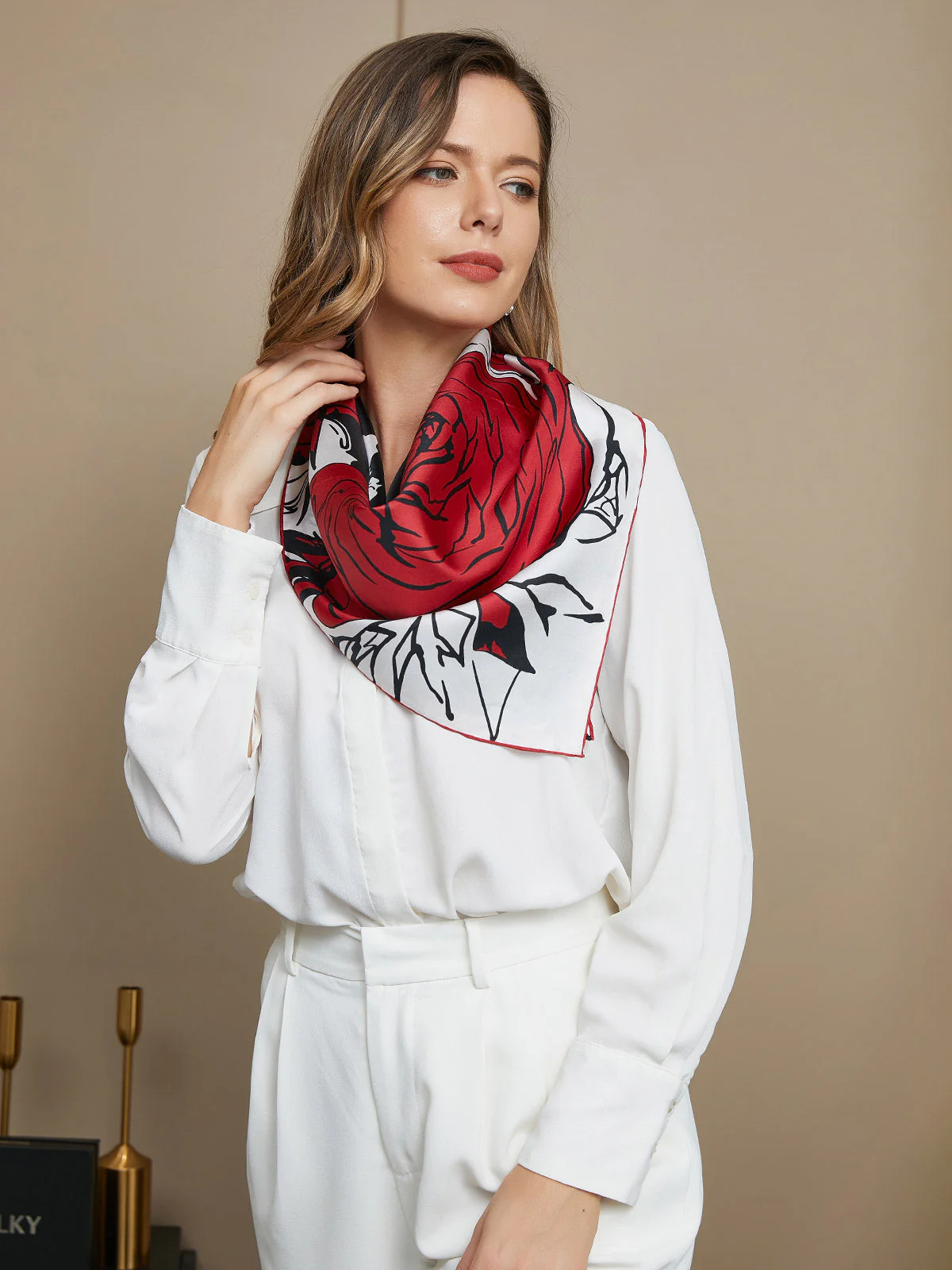 Clearance -Pure Silk Rose Floral Pattern Square Scarf 65x65cm - Image 6