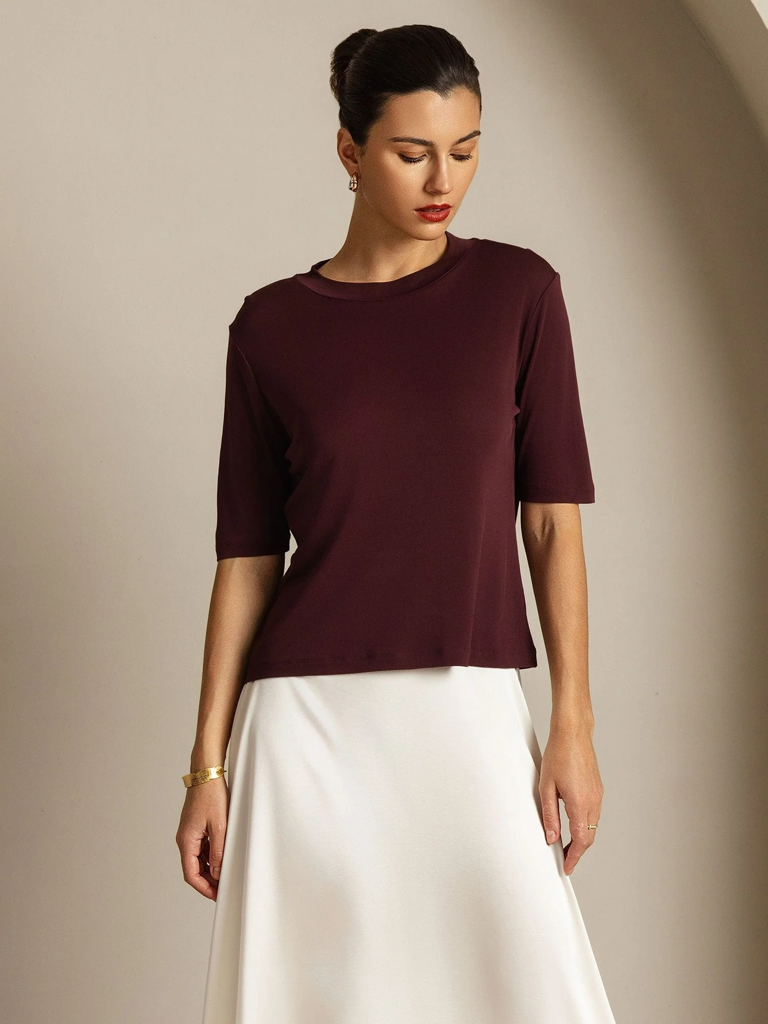 Women's Pure Silk Half Sleeve Round Neck T-Shirt - Image 25