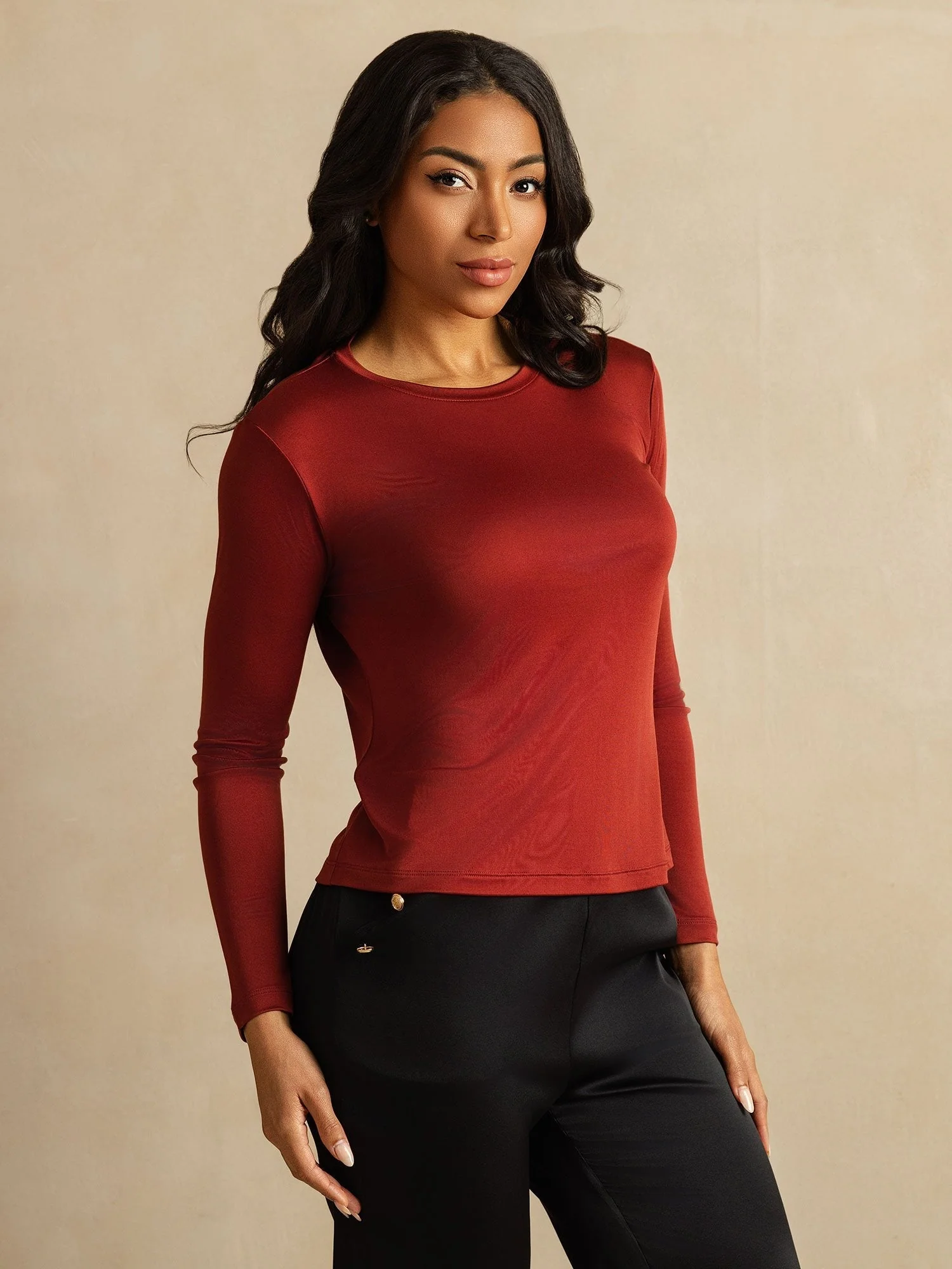 Women's Pure Silk Long Sleeve Round Neck Top - Image 33