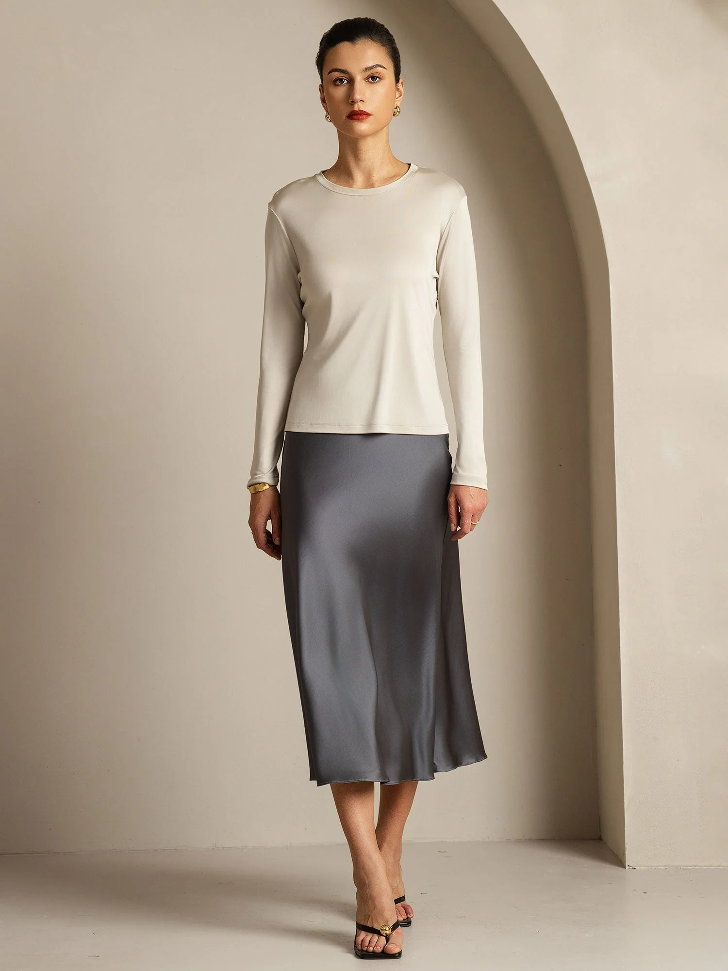 Women's Pure Silk Long Sleeve Round Neck Top - Image 41