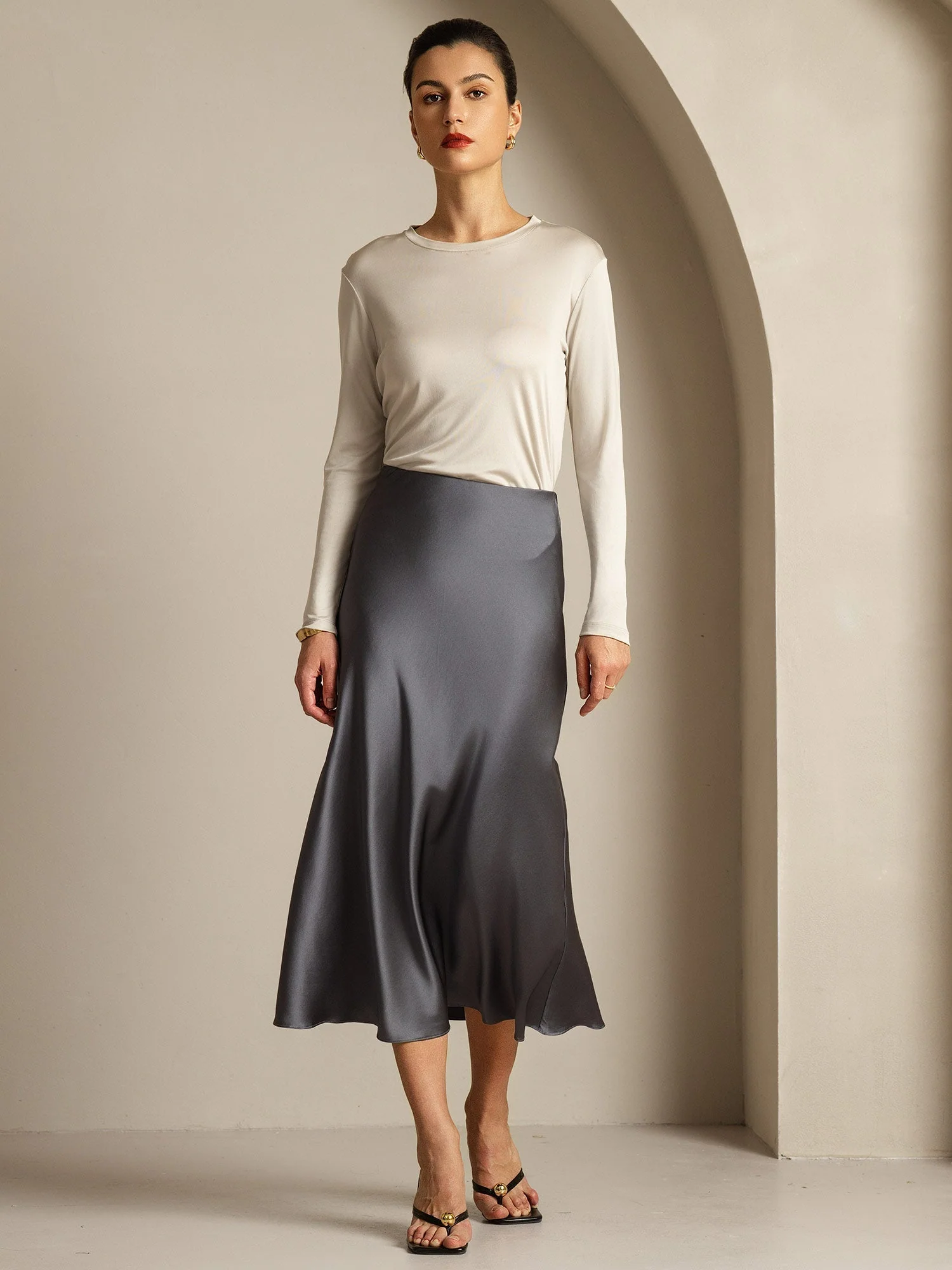 Women's Pure Silk Long Sleeve Round Neck Top - Image 49