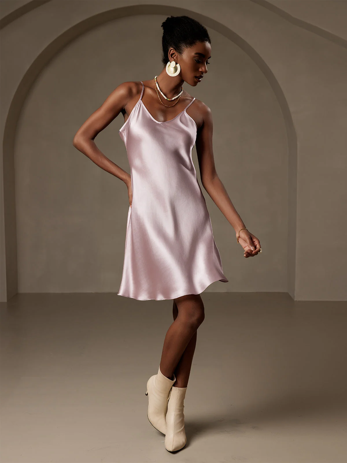 Pure Silk Spaghetti Strap V Neck Short Dress - Image 36