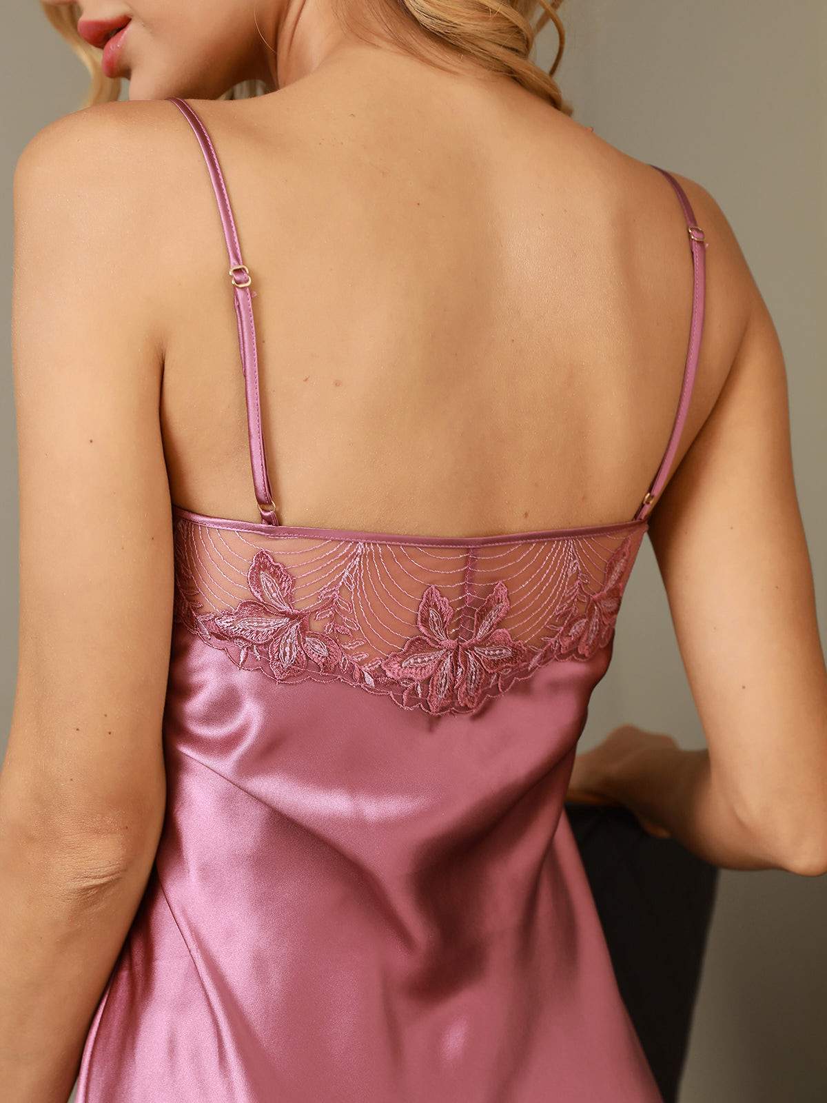 Pure Silk V-neck Nightgown with Lace Design - Image 3