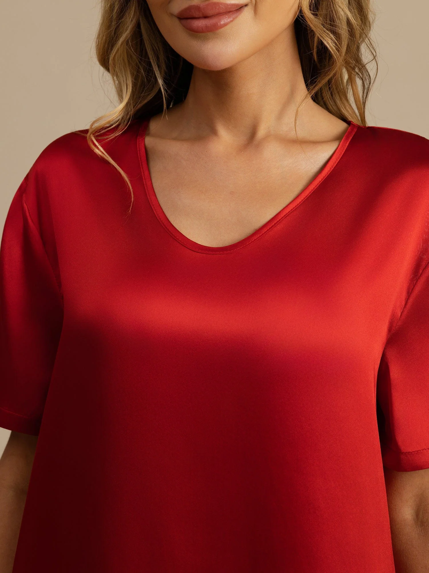 Pure Silk Half Sleeve V-neck Short Nightgown with Split Design - Image 11