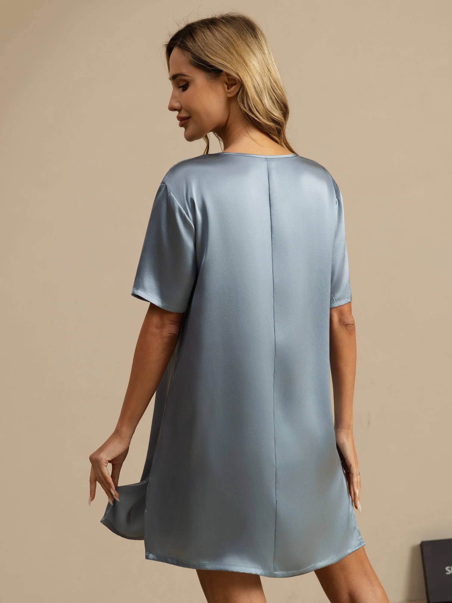 Pure Silk Half Sleeve V-neck Short Nightgown with Split Design - Image 13