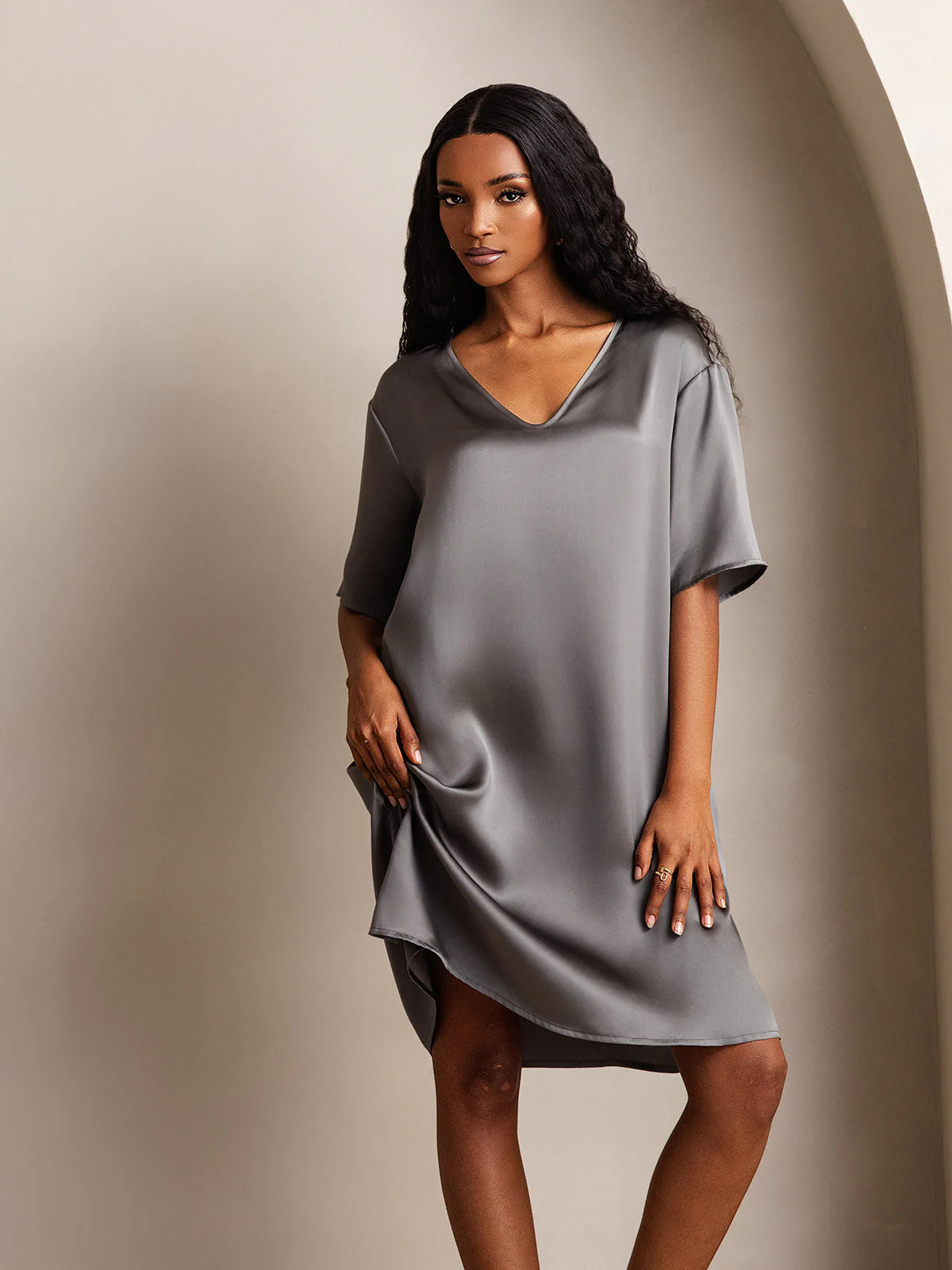 Pure Silk Half Sleeve V-neck Short Nightgown with Split Design - Image 31