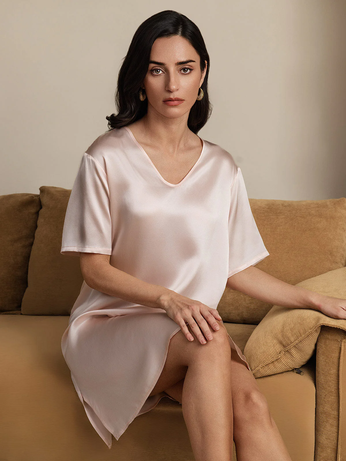 Pure Silk Half Sleeve V-neck Short Nightgown with Split Design - Image 38