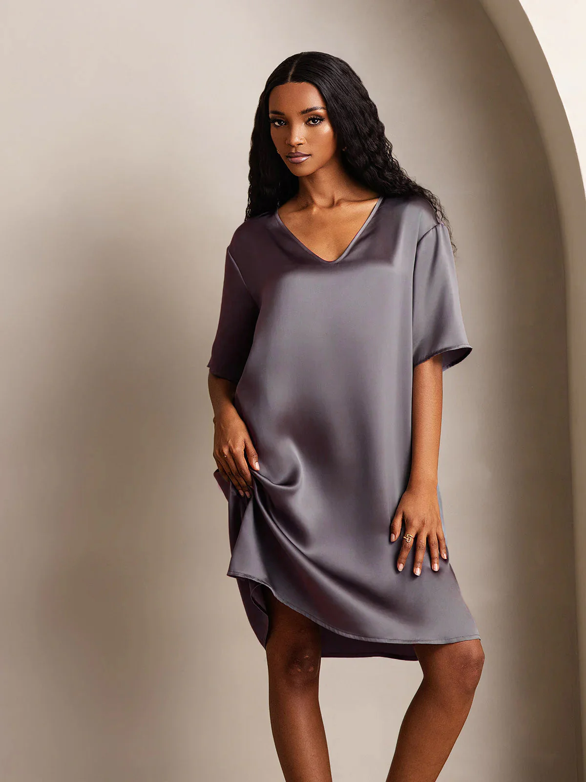 Pure Silk Half Sleeve V-neck Short Nightgown with Split Design - Image 52