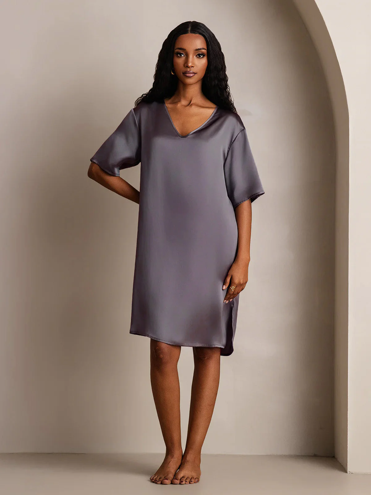 Pure Silk Half Sleeve V-neck Short Nightgown with Split Design - Image 56