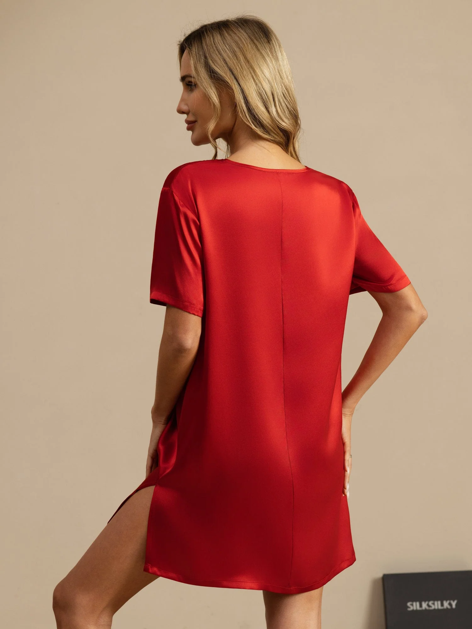Pure Silk Half Sleeve V-neck Short Nightgown with Split Design - Image 8