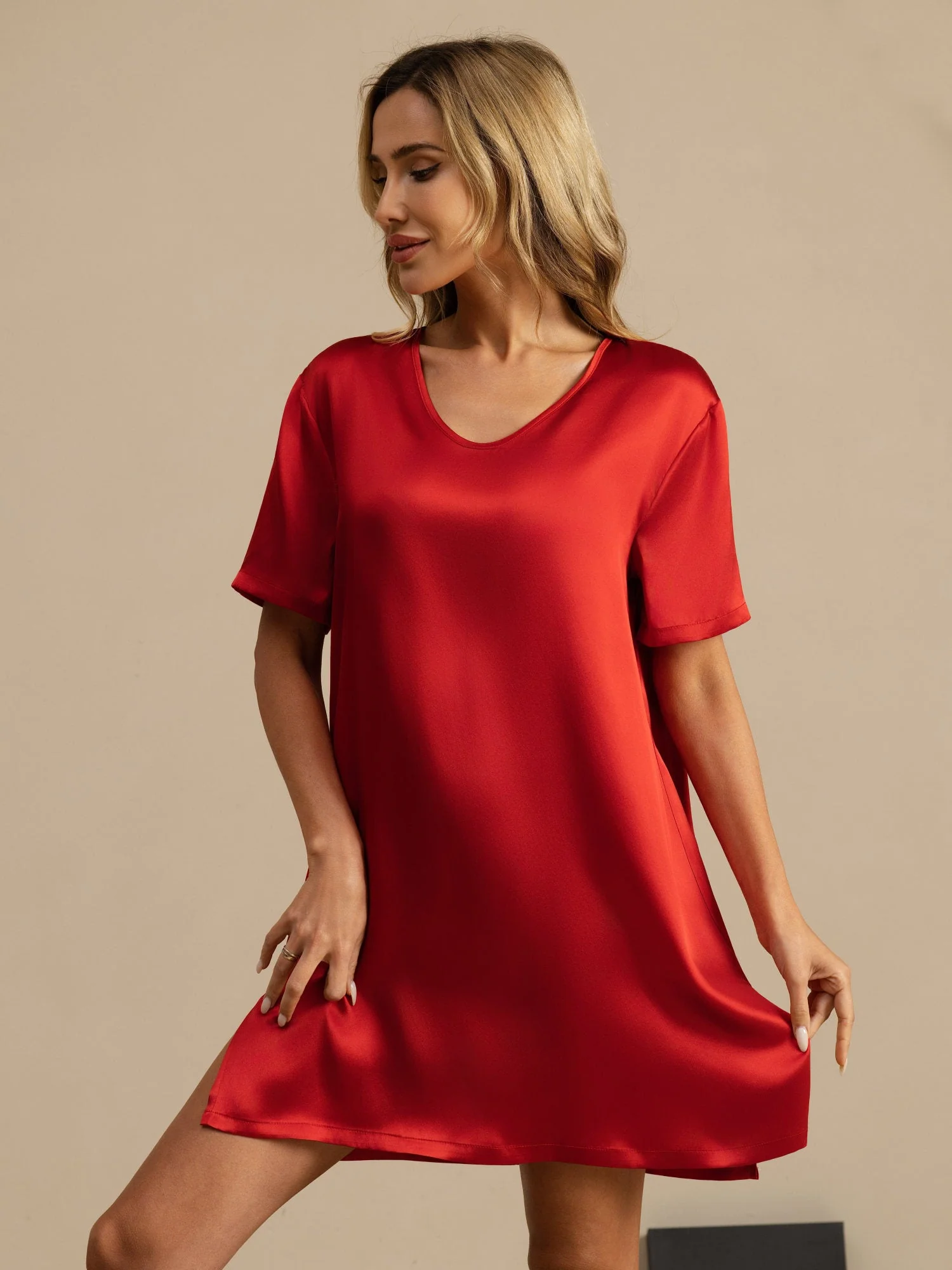 Pure Silk Half Sleeve V-neck Short Nightgown with Split Design - Image 9