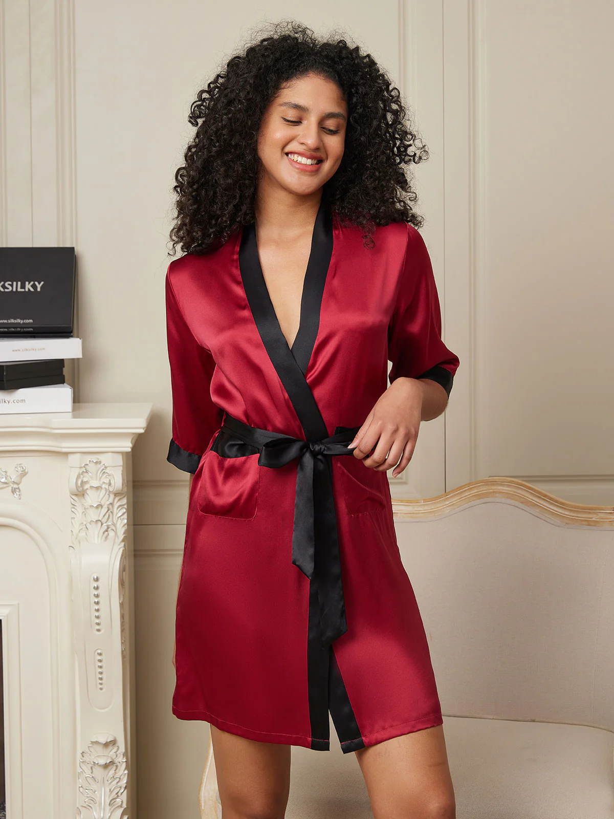 Pure Silk Half Sleeve Short Women's Kimono Wrap Robe - Image 17