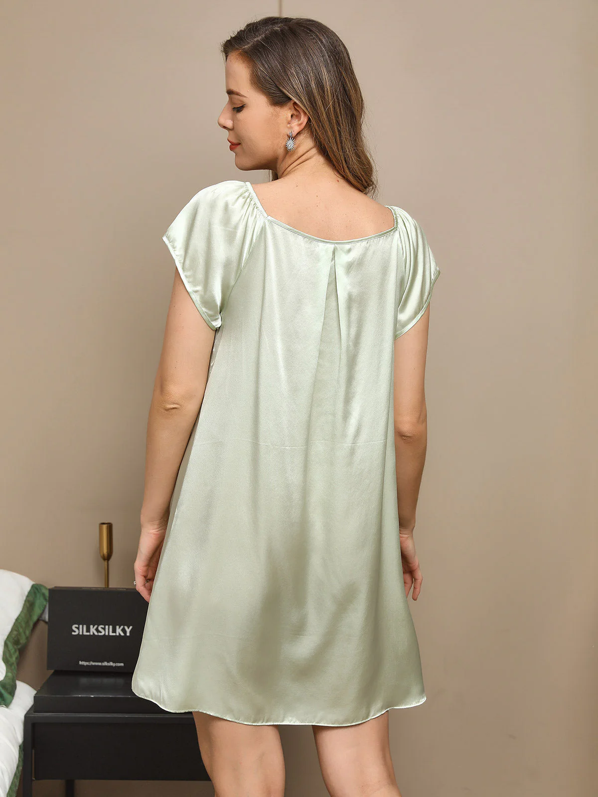 Pure Silk Cap Sleeve Square Neck Short Nightgown - Image 7
