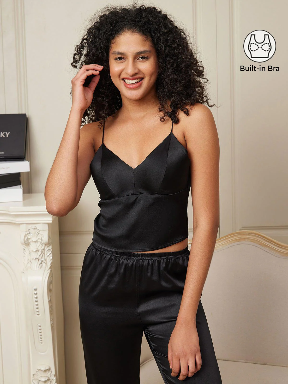 Pure Silk Spaghetti Strap V Neck Camisoles with Built-in Bra - Image 6