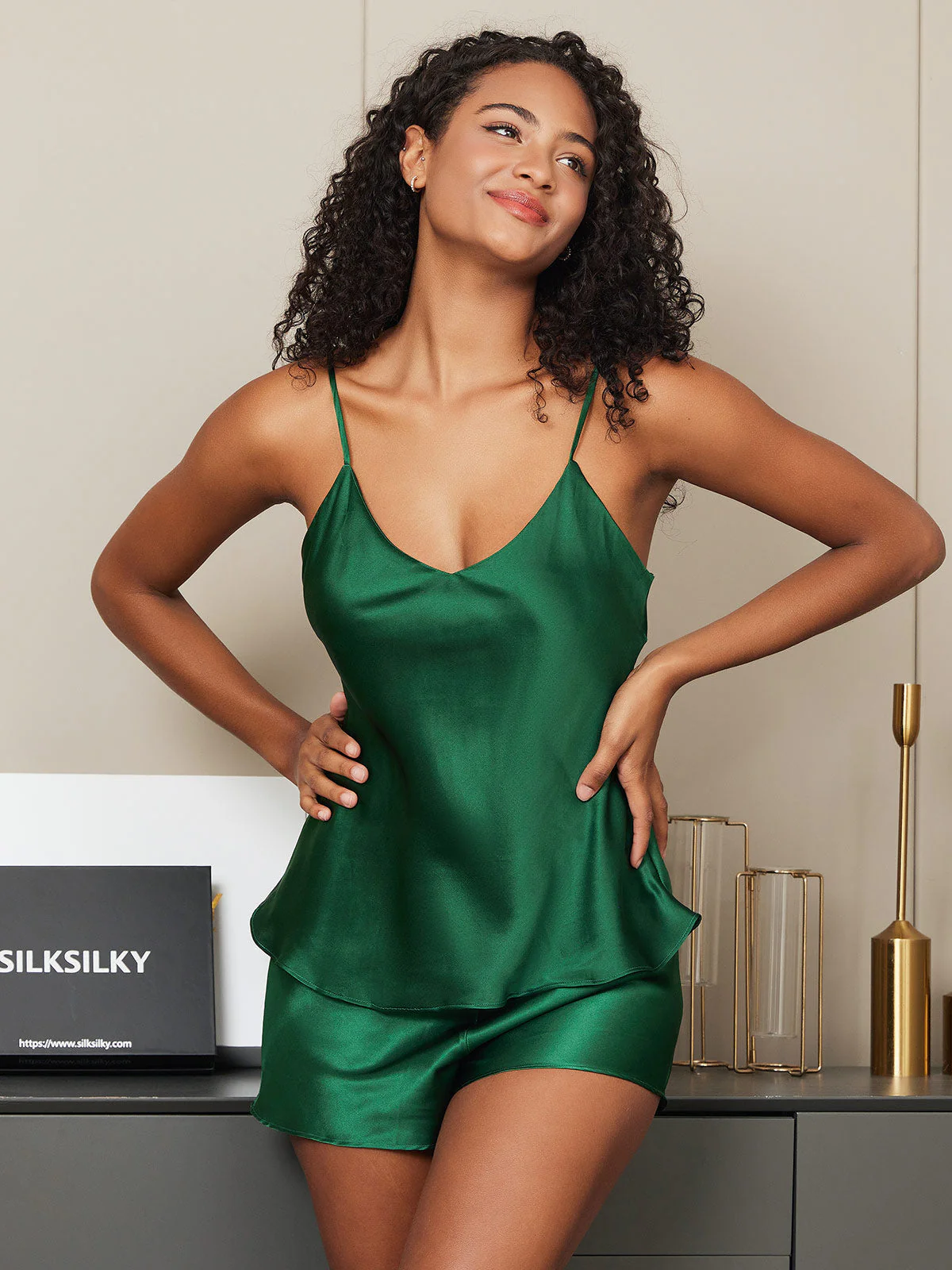 Pure Silk V Neck Above the Knee Camisole Set - Image 60