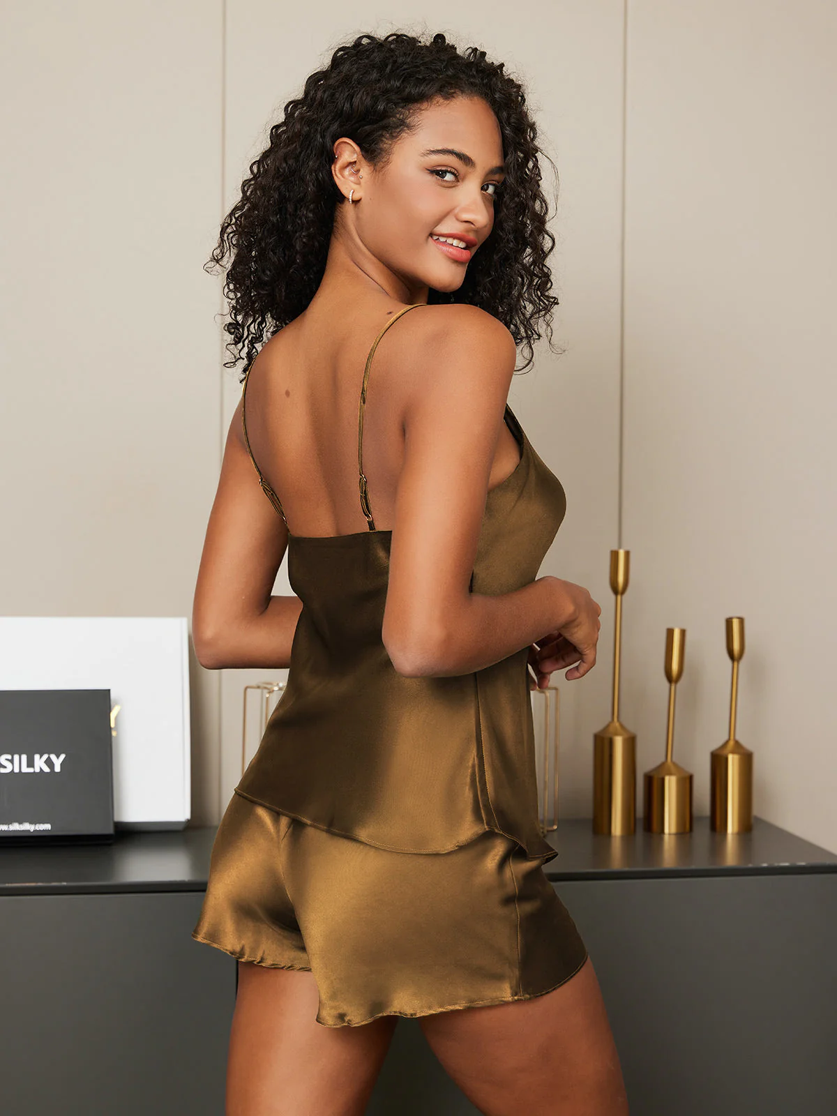 Pure Silk V Neck Above the Knee Camisole Set - Image 74