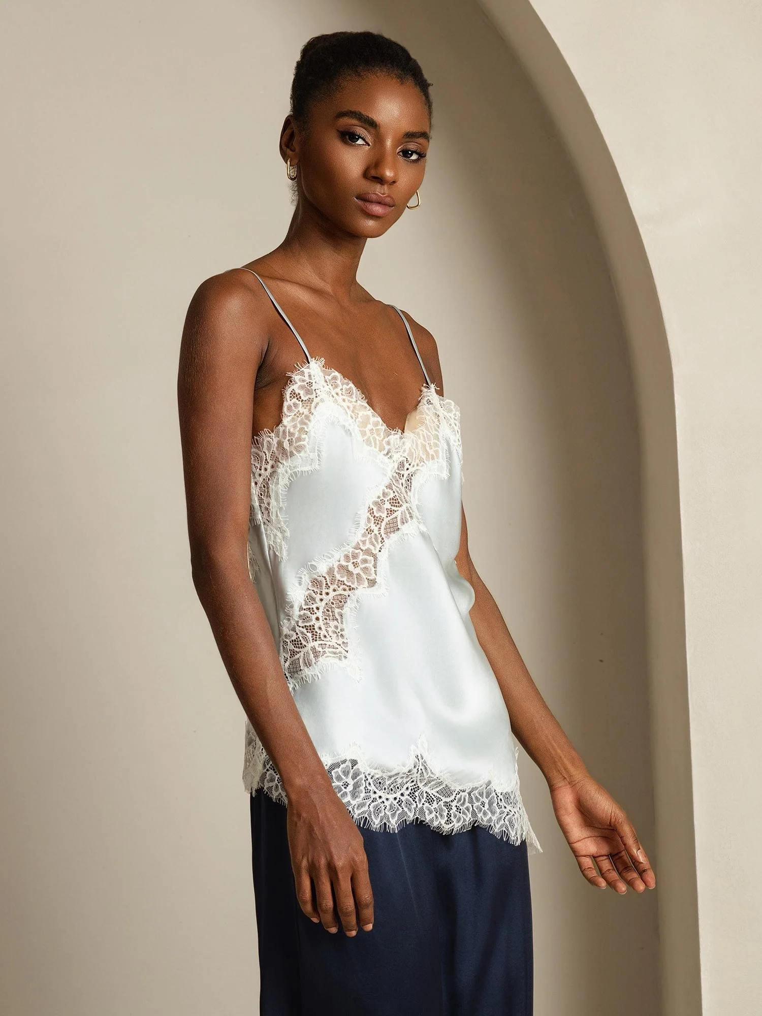Pure Silk Spaghetti Straps Lace Camisole Top with Asymmetrical Hem - Image 3