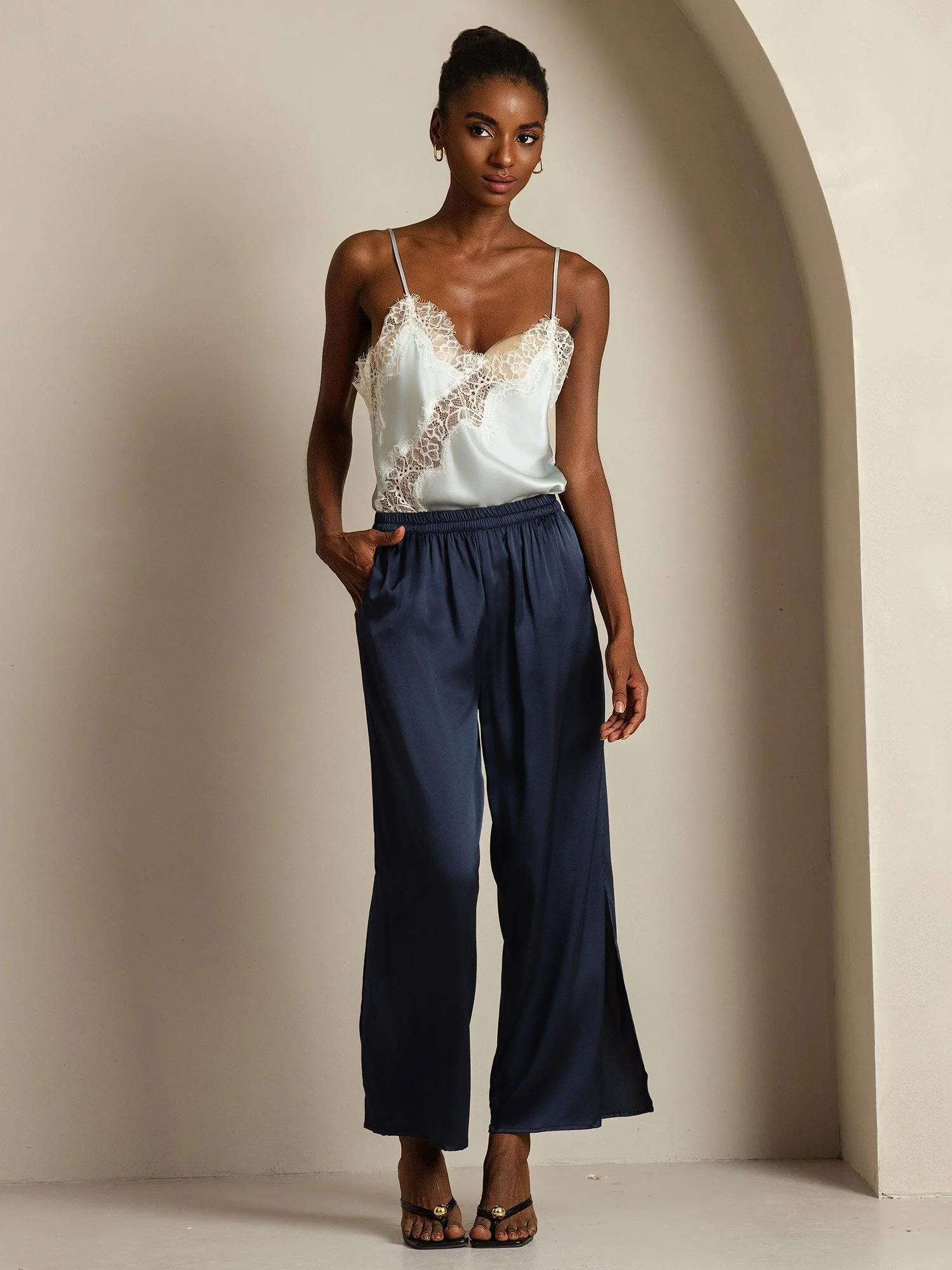 Pure Silk Spaghetti Straps Lace Camisole Top with Asymmetrical Hem - Image 9