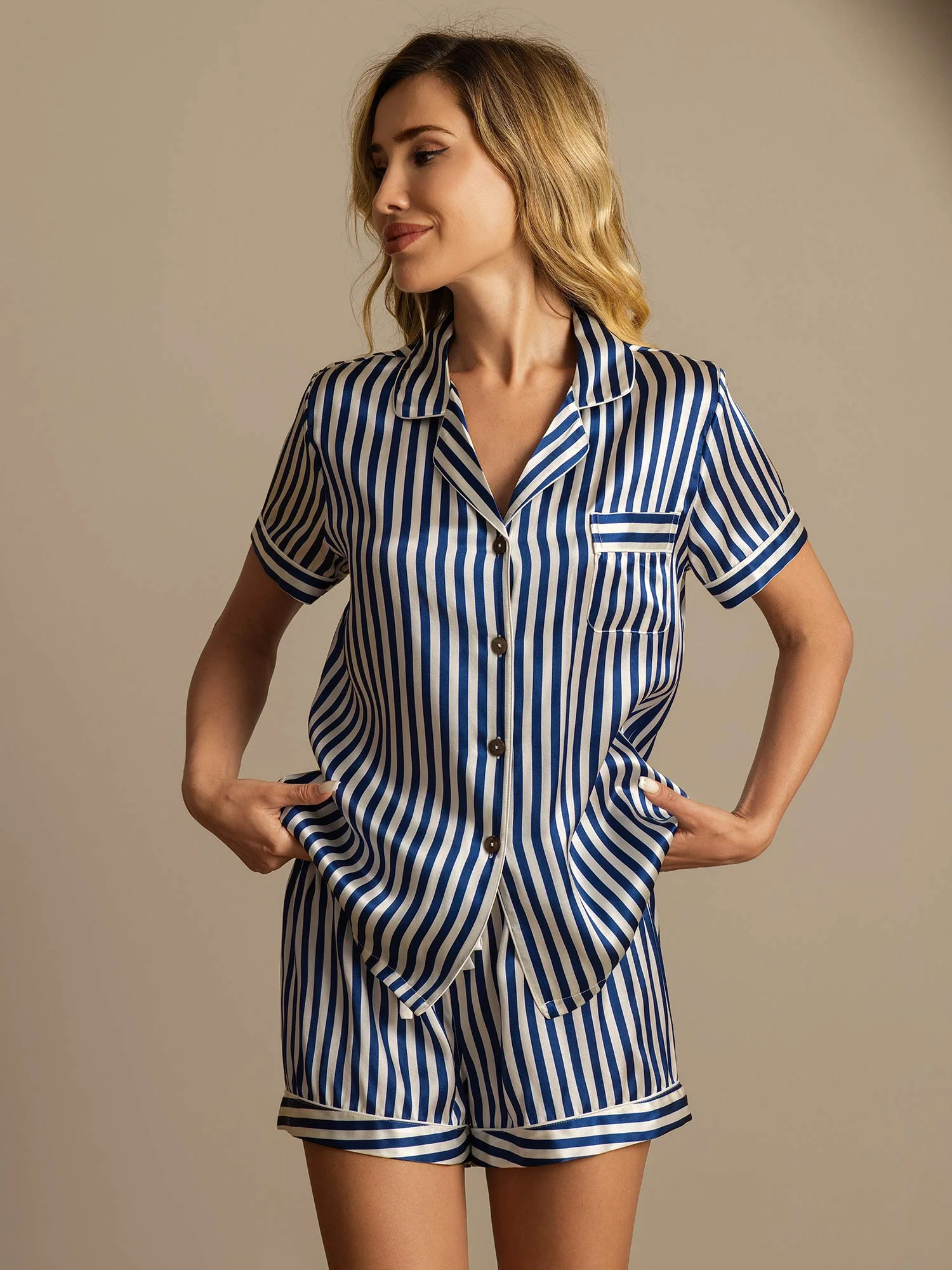 Women's Pure Silk Stripe Print Short Sleeve Notch Collar Pajamas Set With Shorts - Image 11