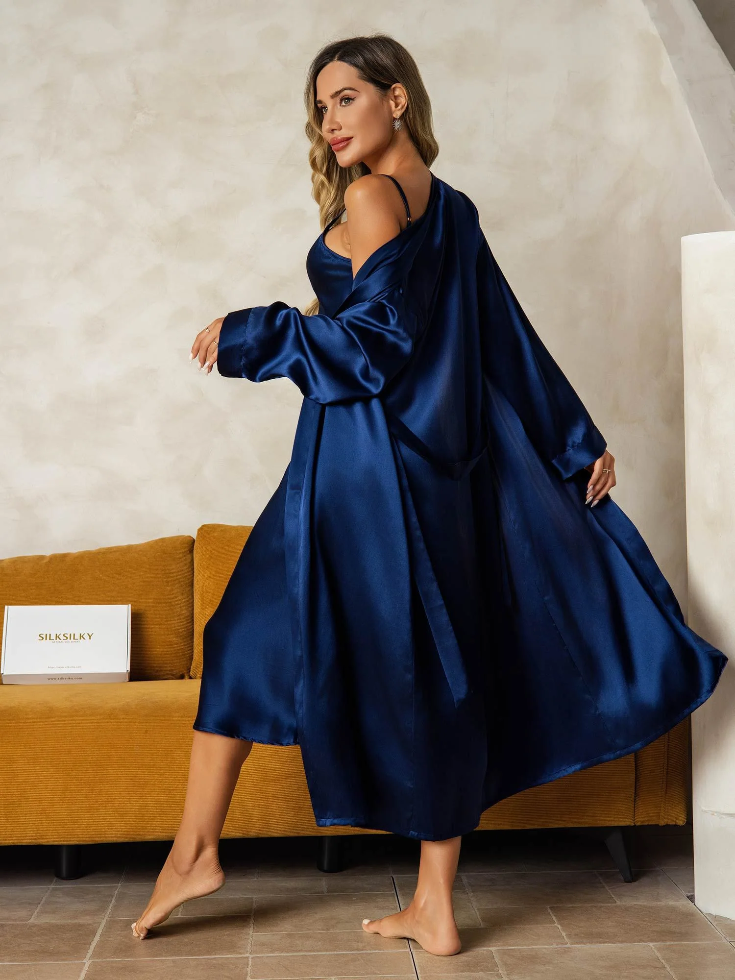 Pure Silk V-Neck Midi Nightgown & Robe Set 2Pcs - Image 11