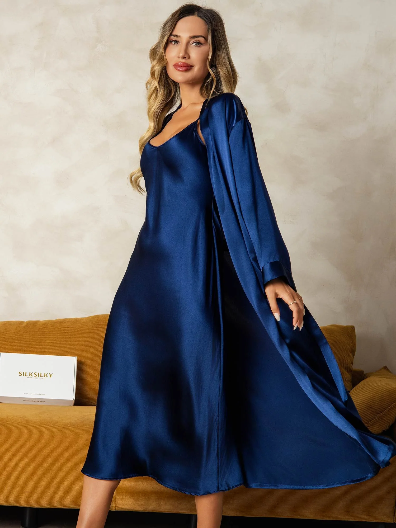 Pure Silk V-Neck Midi Nightgown & Robe Set 2Pcs - Image 13
