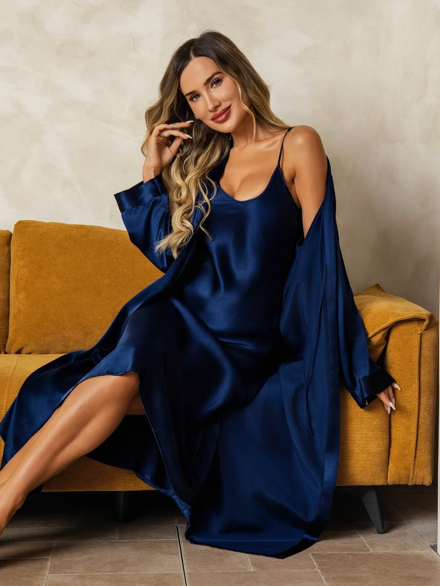 Pure Silk V-Neck Midi Nightgown & Robe Set 2Pcs - Image 15