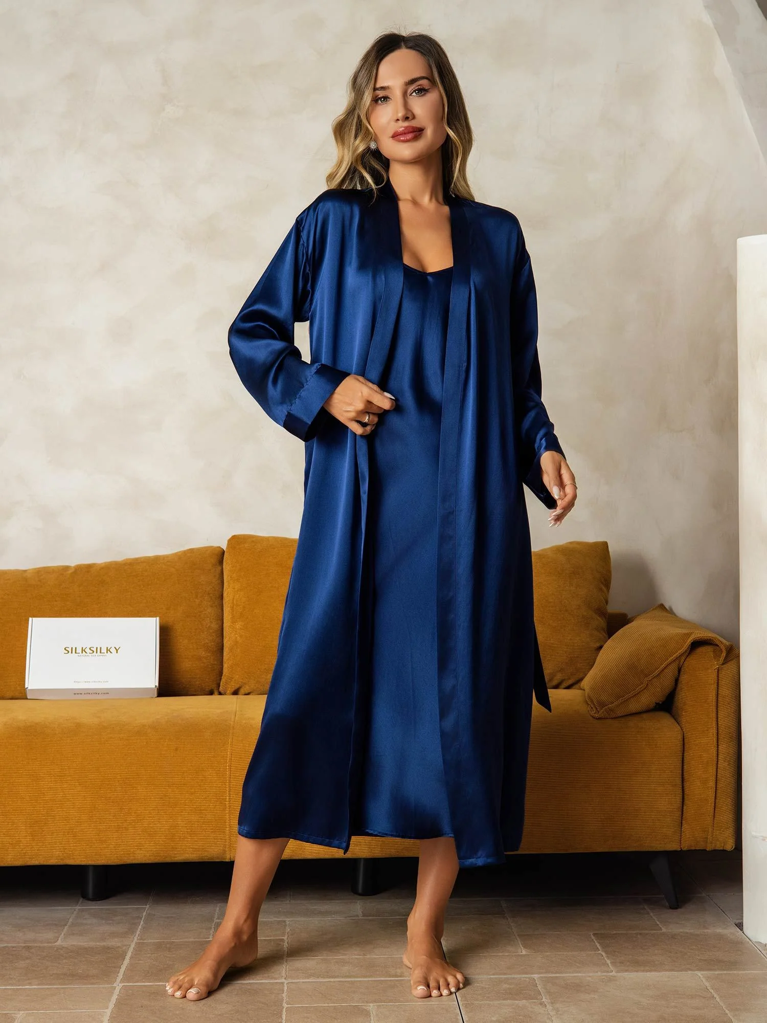 Pure Silk V-Neck Midi Nightgown & Robe Set 2Pcs - Image 17