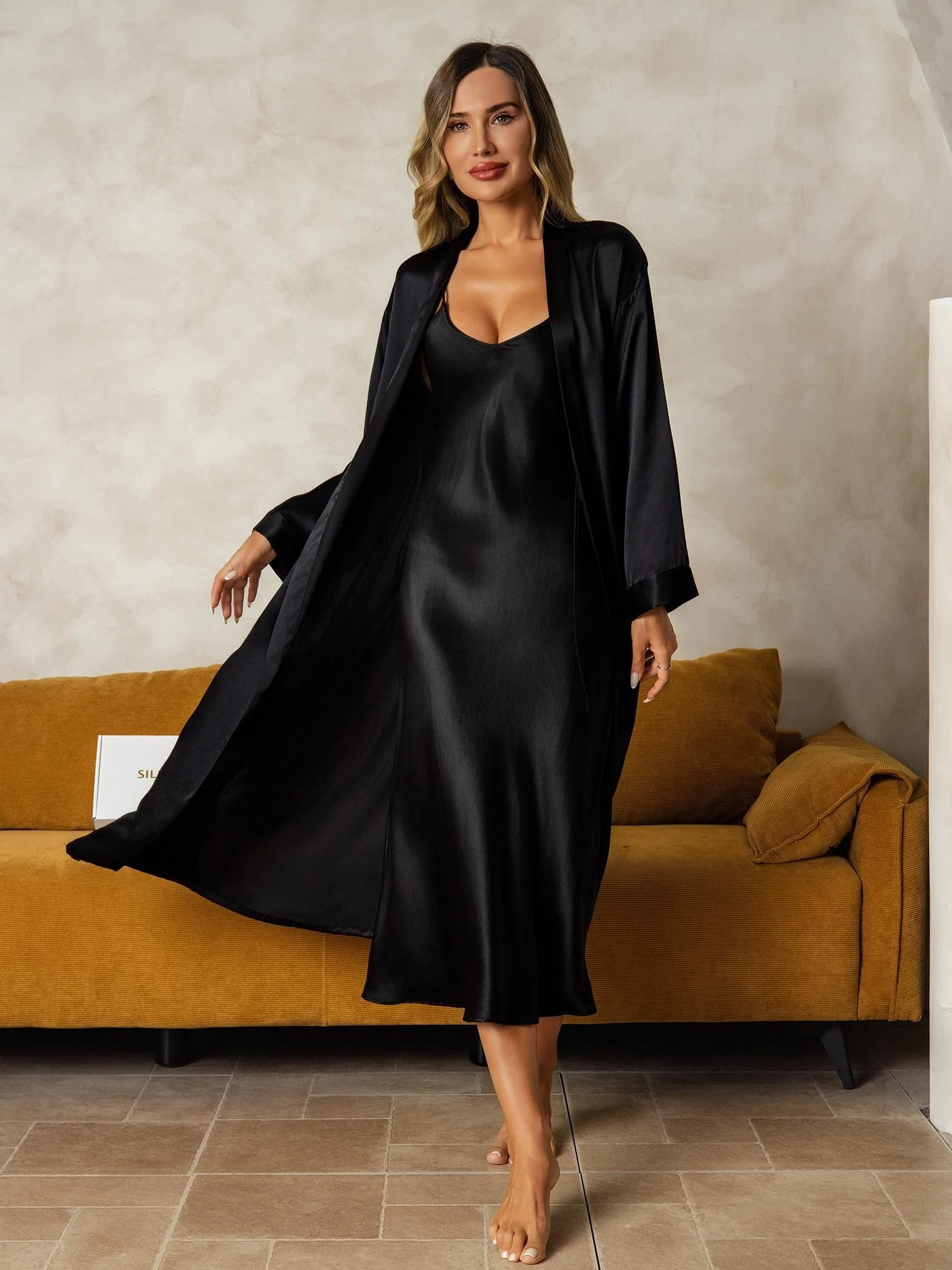 Pure Silk V-Neck Midi Nightgown & Robe Set 2Pcs - Image 19