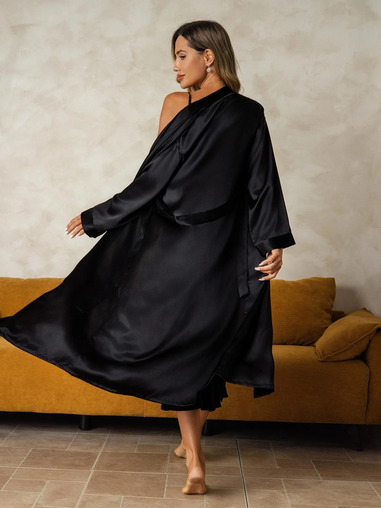 Pure Silk V-Neck Midi Nightgown & Robe Set 2Pcs - Image 20