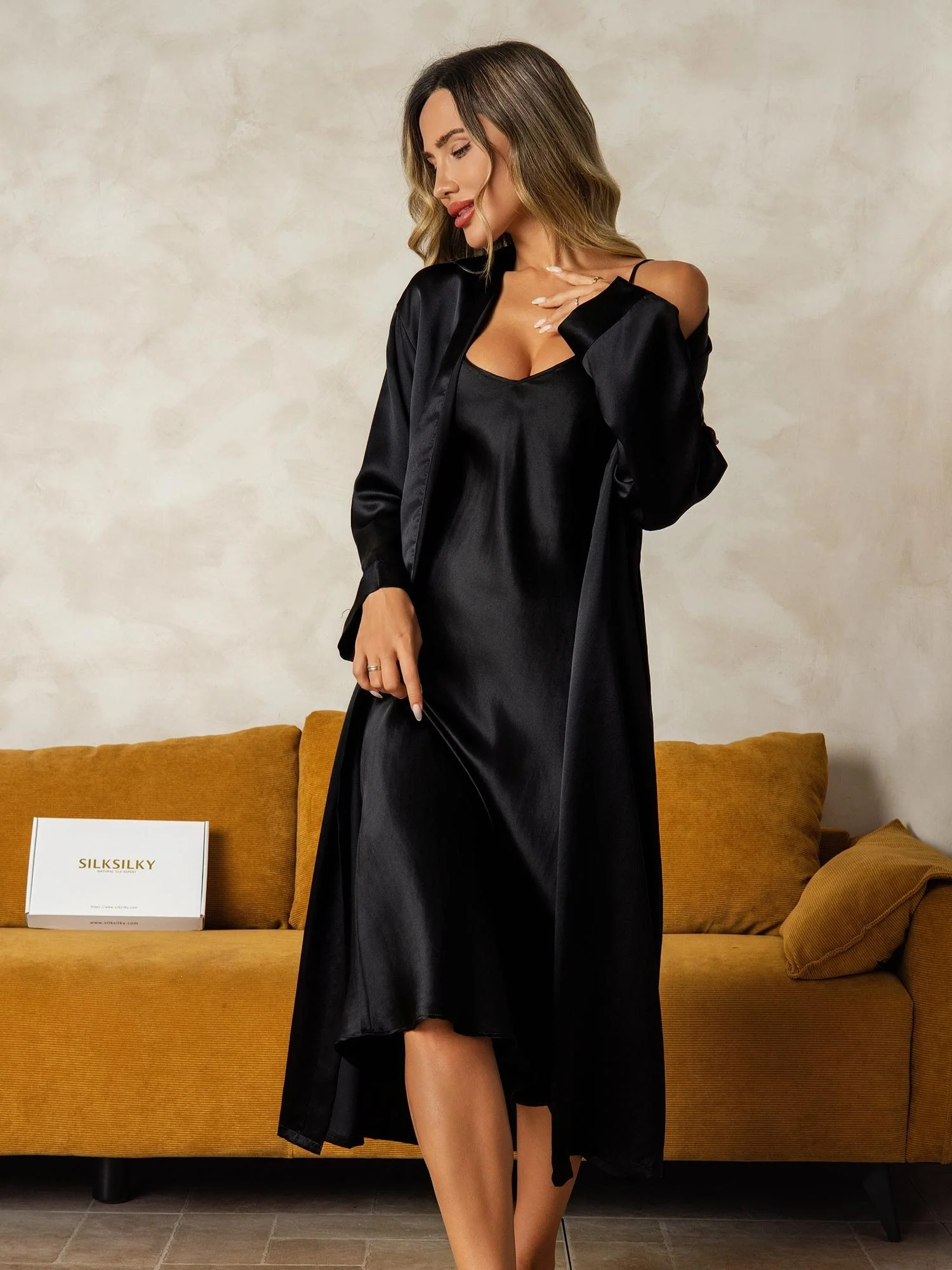 Pure Silk V-Neck Midi Nightgown & Robe Set 2Pcs - Image 21