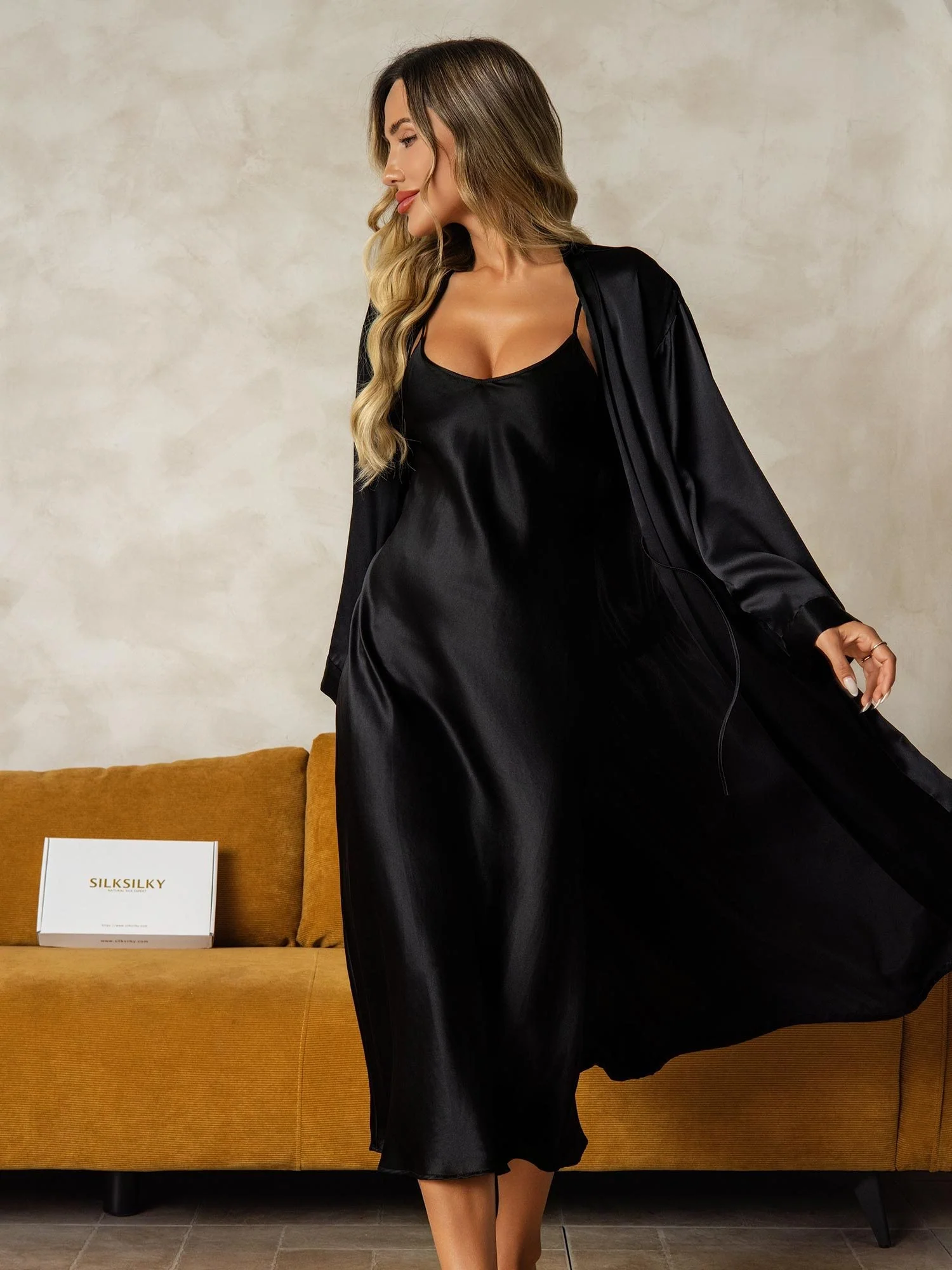 Pure Silk V-Neck Midi Nightgown & Robe Set 2Pcs - Image 23
