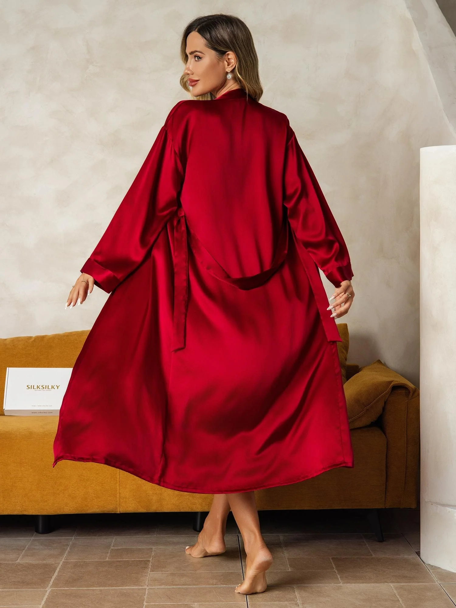 Pure Silk V-Neck Midi Nightgown & Robe Set 2Pcs - Image 3
