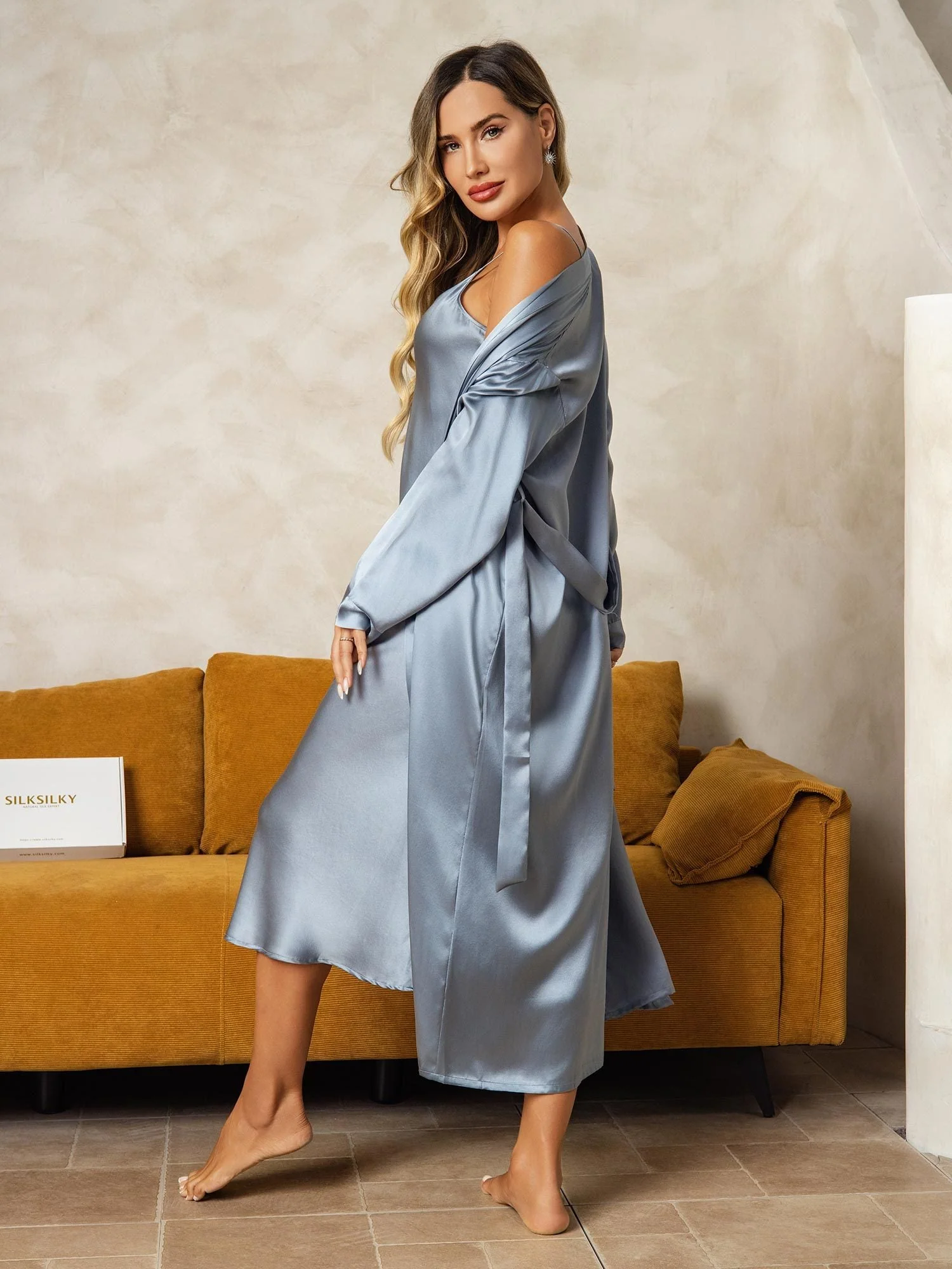 Pure Silk V-Neck Midi Nightgown & Robe Set 2Pcs - Image 34