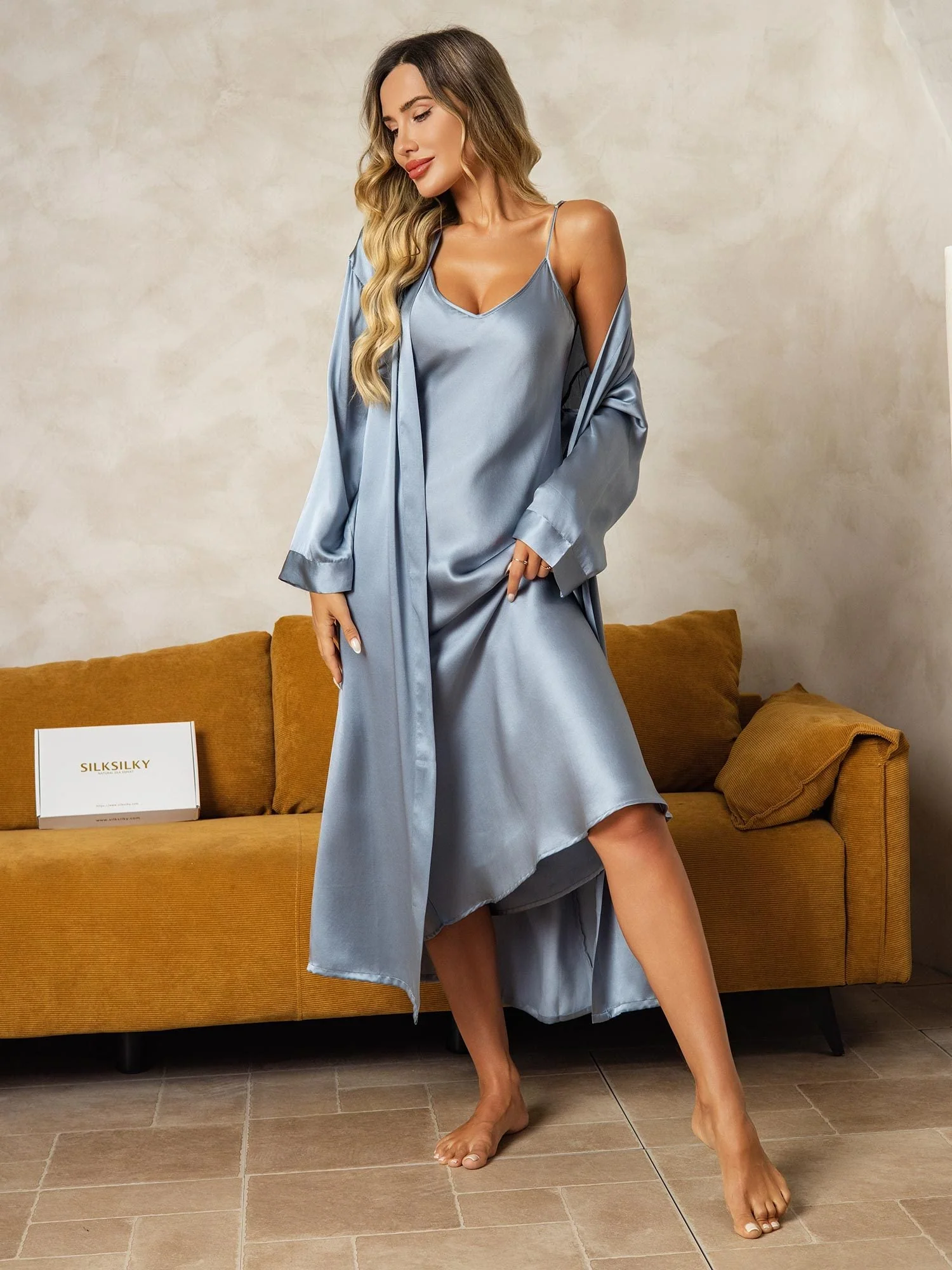 Pure Silk V-Neck Midi Nightgown & Robe Set 2Pcs - Image 36