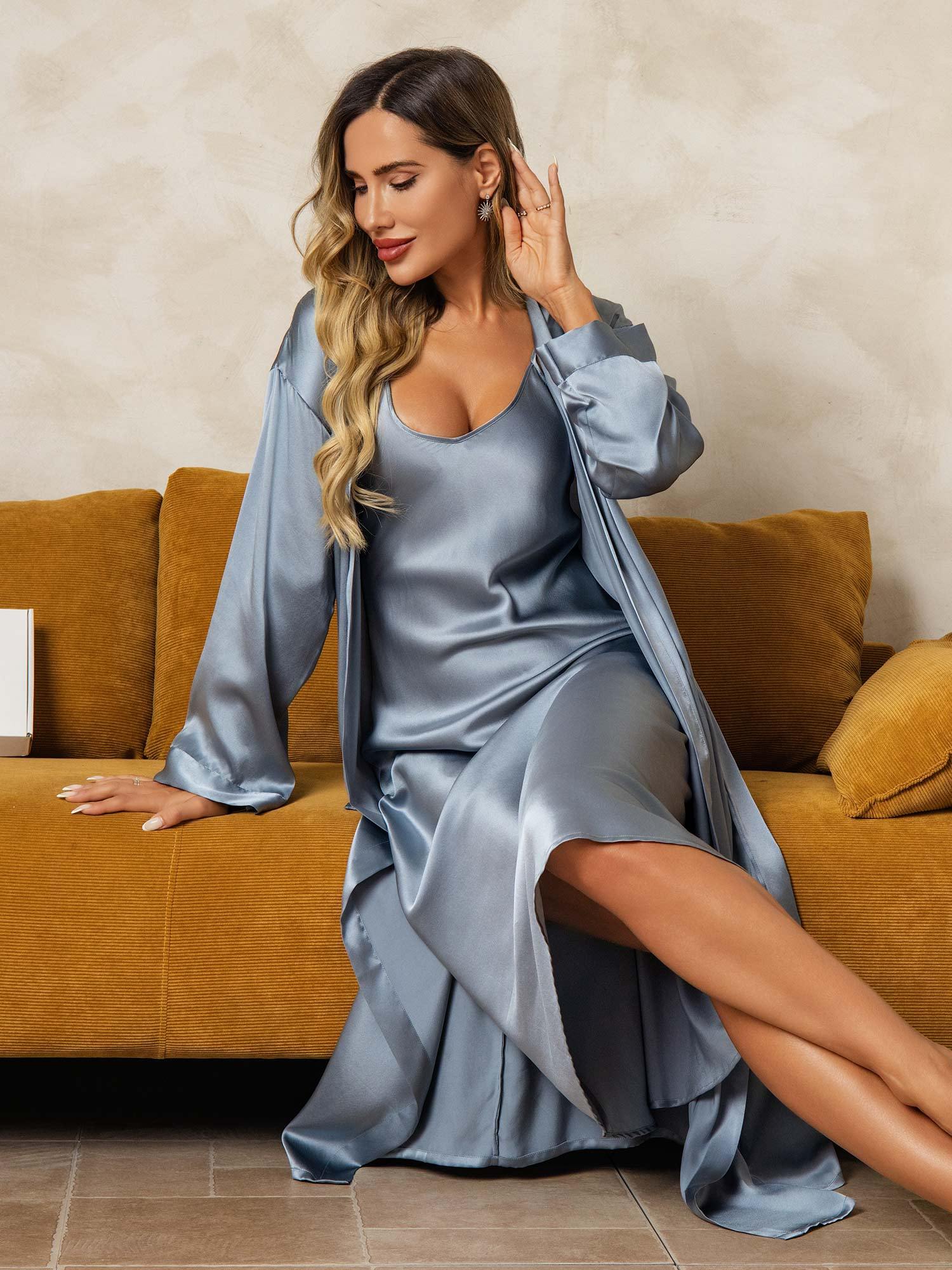 Pure Silk V-Neck Midi Nightgown & Robe Set 2Pcs - Image 41