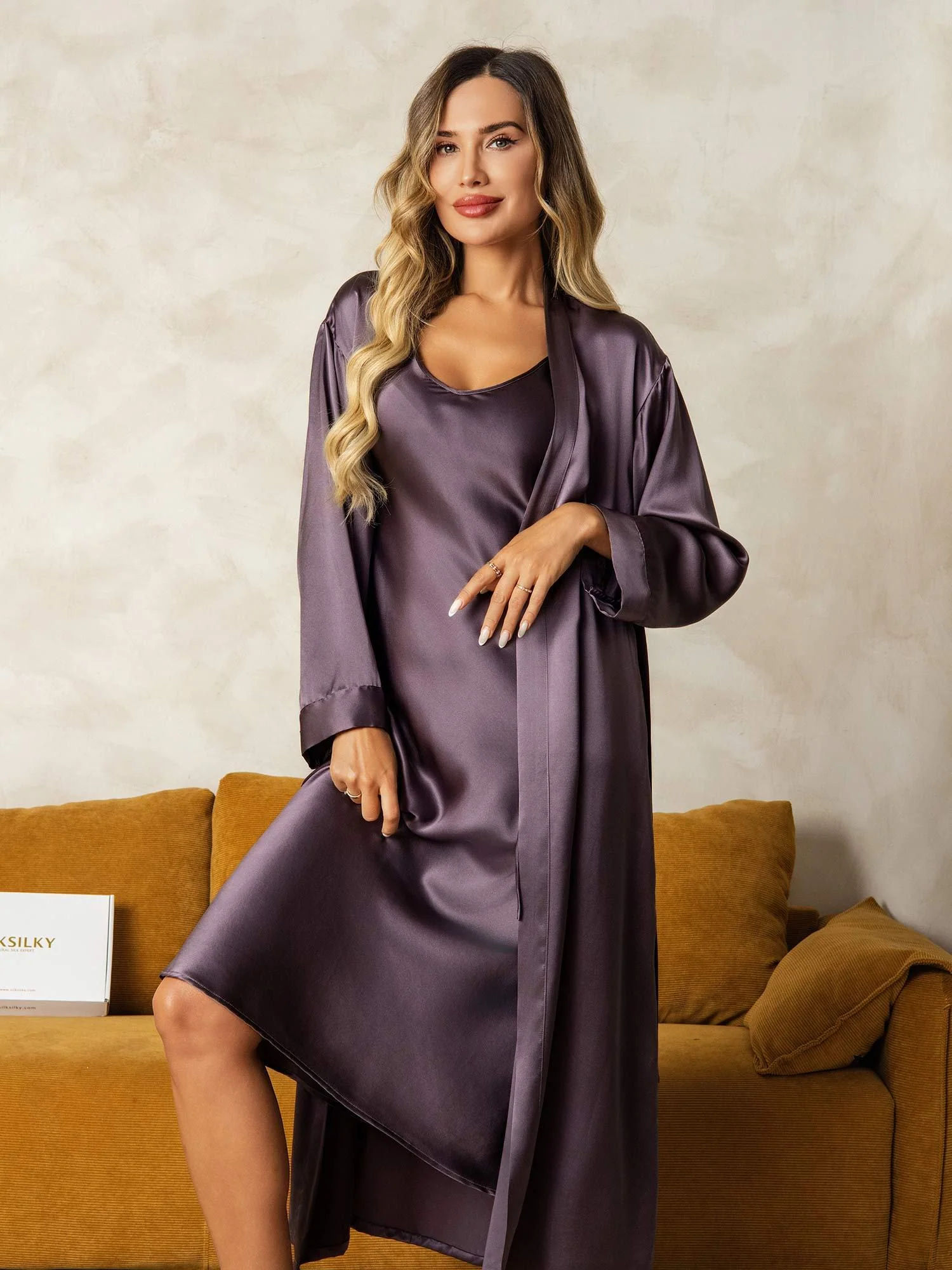 Pure Silk V-Neck Midi Nightgown & Robe Set 2Pcs - Image 44