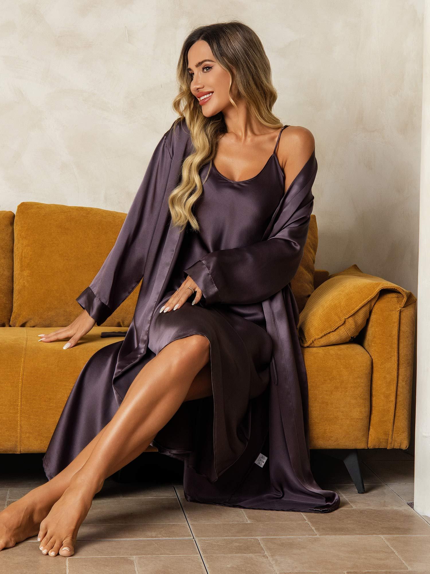 Pure Silk V-Neck Midi Nightgown & Robe Set 2Pcs - Image 45
