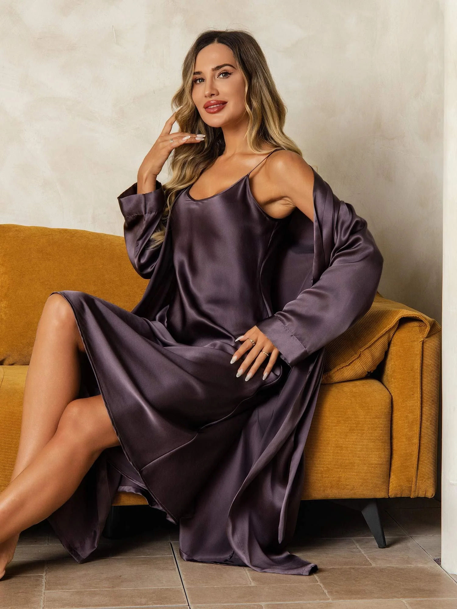 Pure Silk V-Neck Midi Nightgown & Robe Set 2Pcs - Image 47