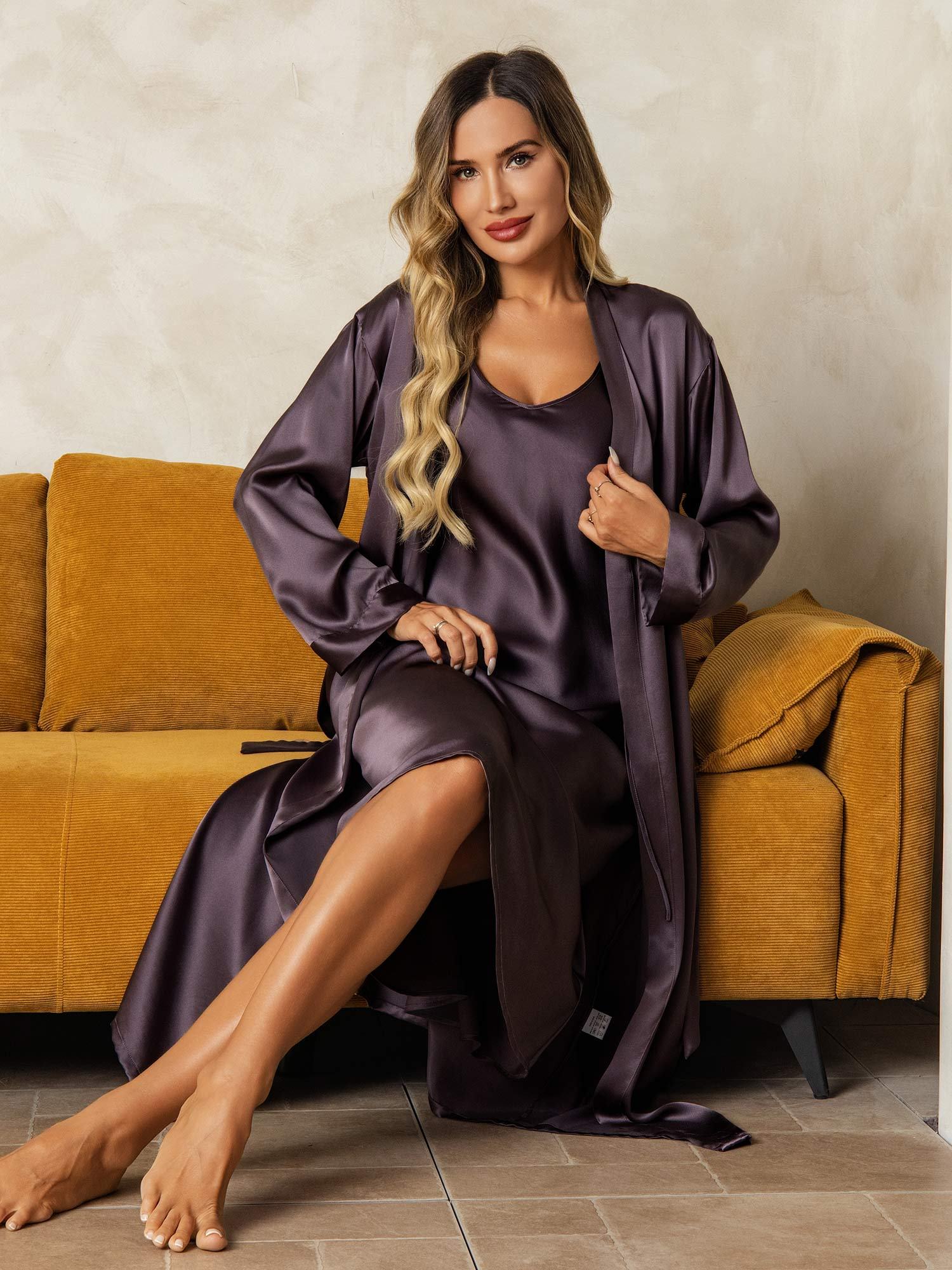 Pure Silk V-Neck Midi Nightgown & Robe Set 2Pcs - Image 48