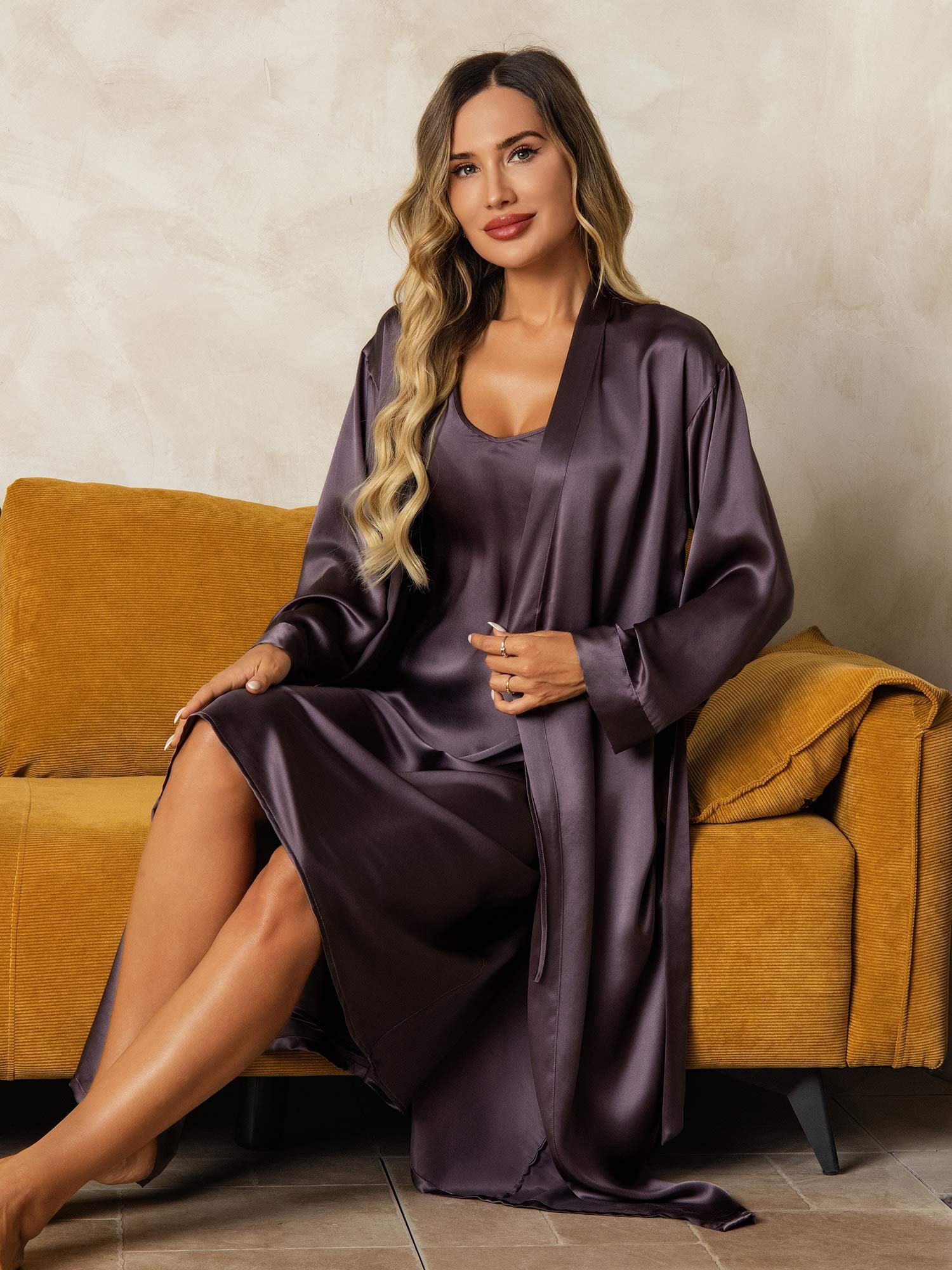 Pure Silk V-Neck Midi Nightgown & Robe Set 2Pcs - Image 49