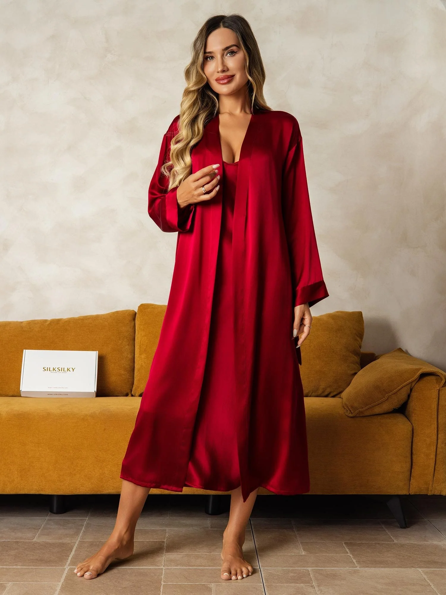 Pure Silk V-Neck Midi Nightgown & Robe Set 2Pcs - Image 6